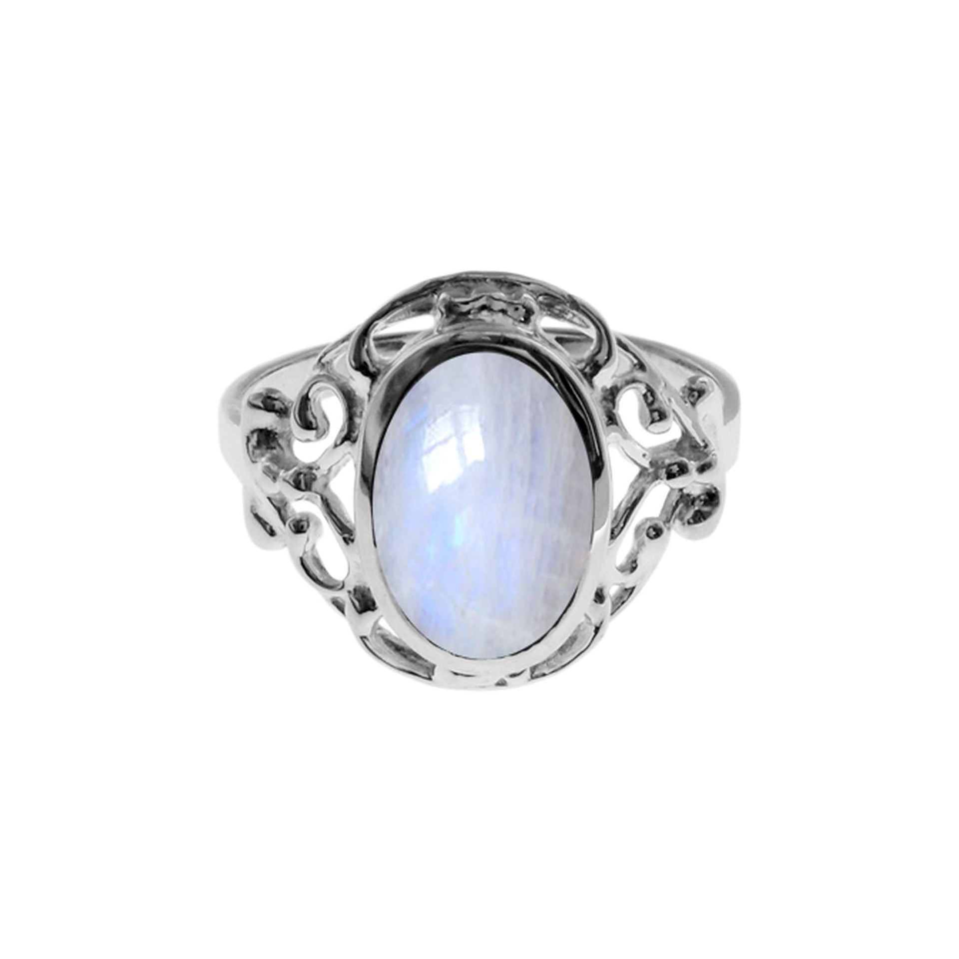 Lola oval rainbow moonstone filigree surround ring