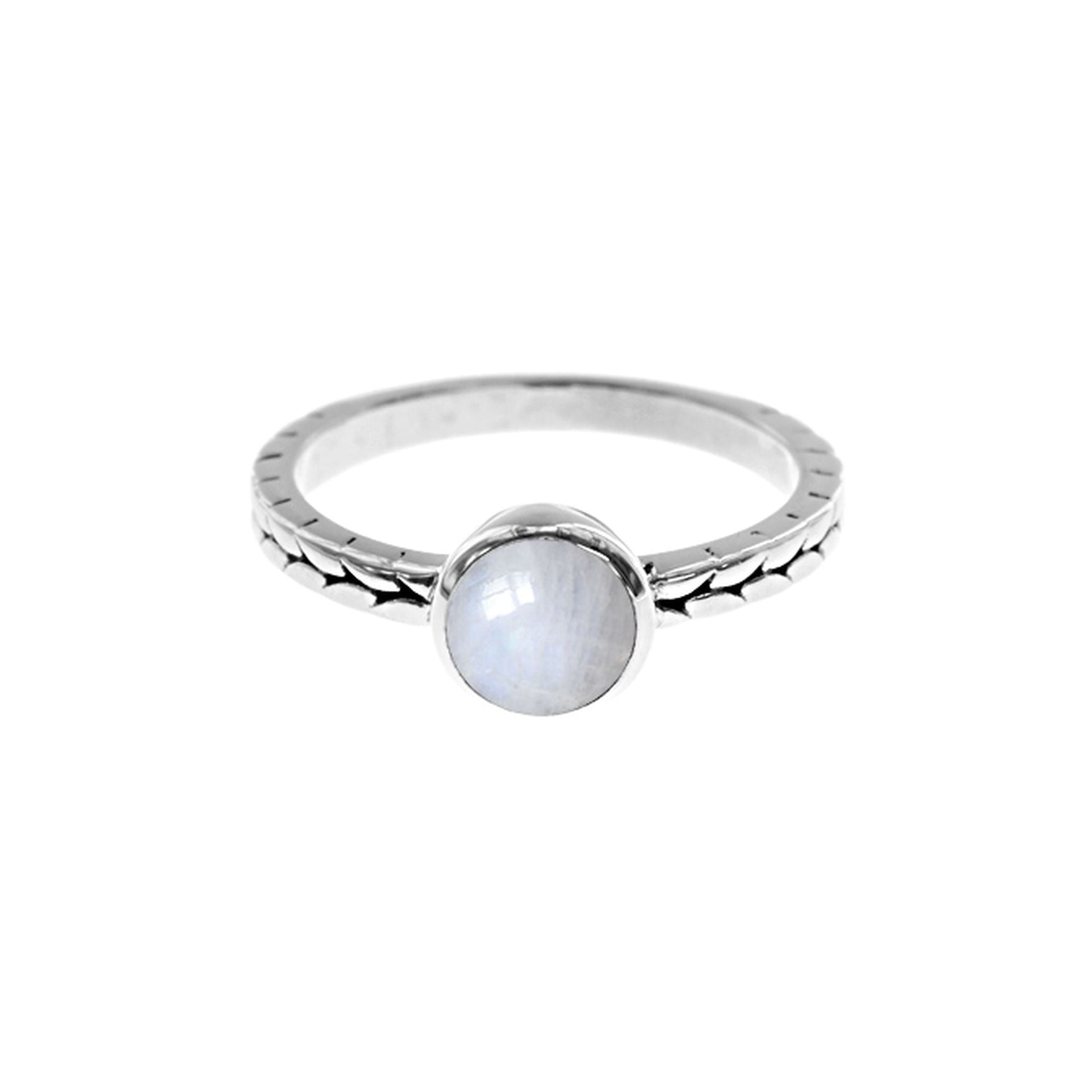 Lola round rainbow moonstone plaited shank ring