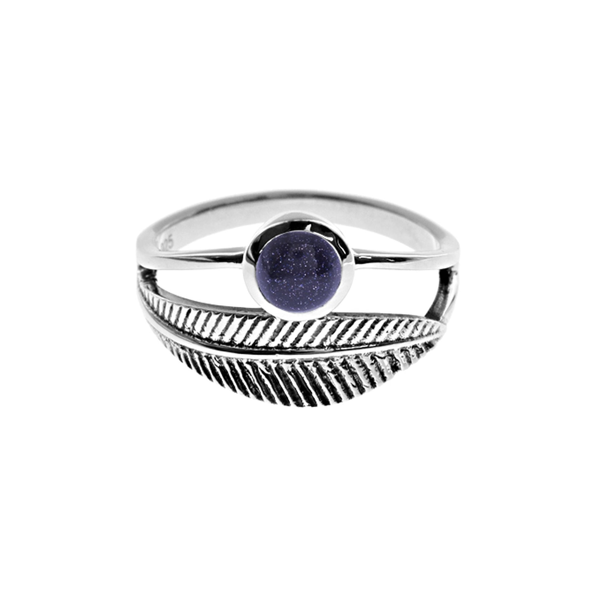 Catalina blue goldstone wrapped feather ring