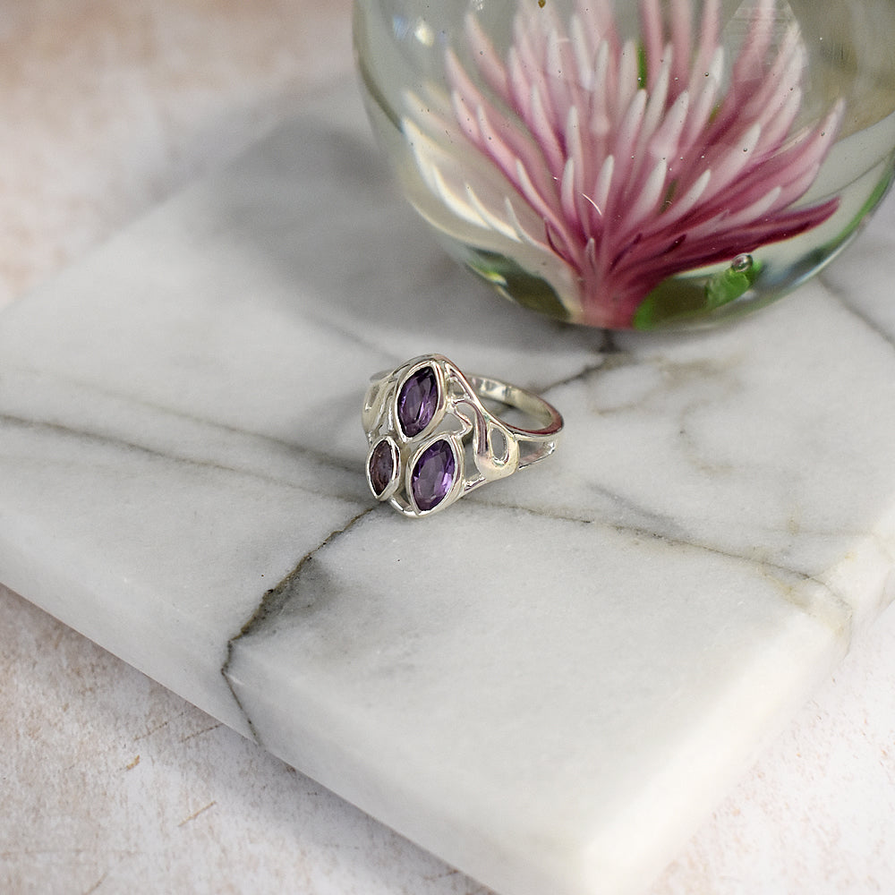 Lola triple marquis amethyst facet filigree ring