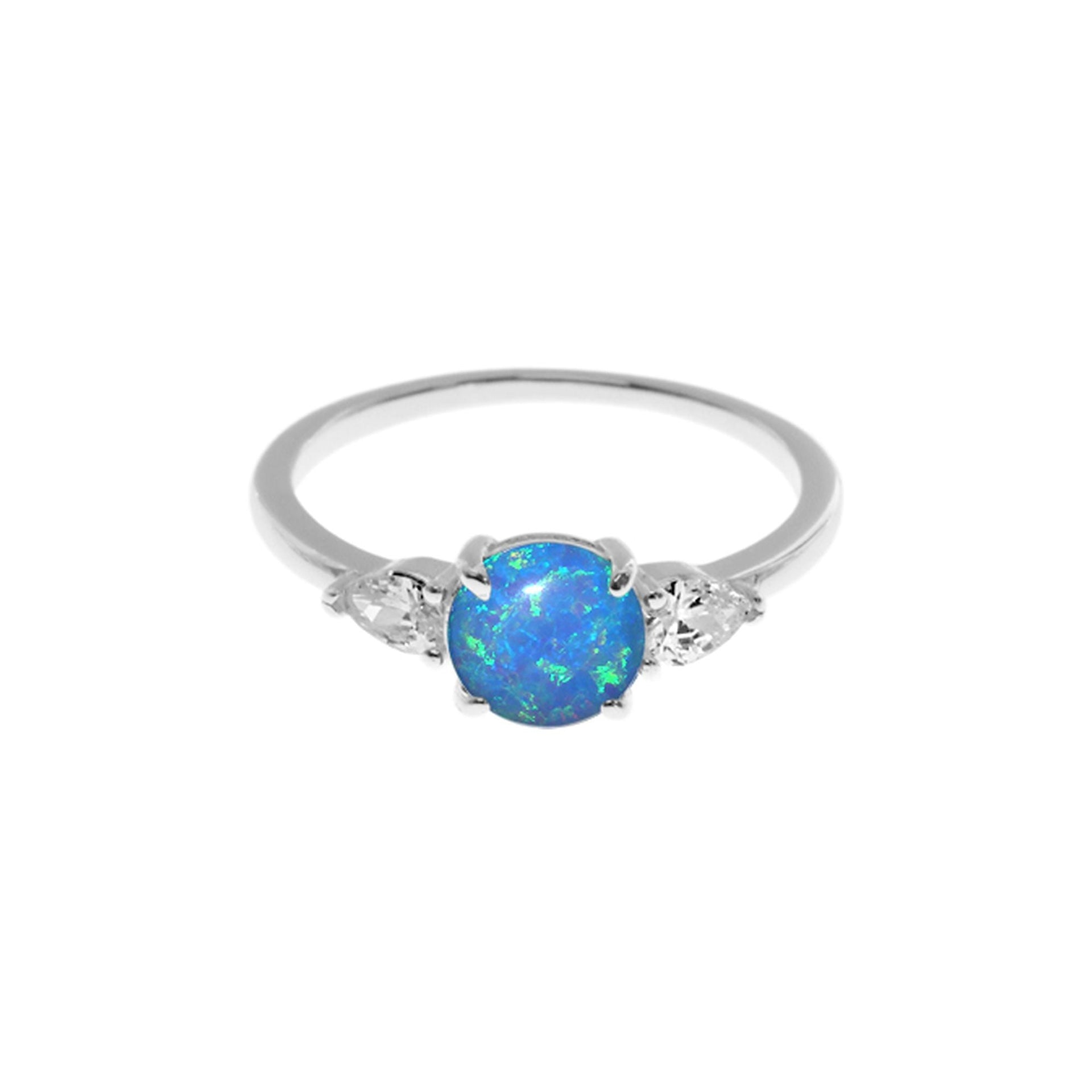 Bethan round blue opalique with teardrop CZ shoulder ring