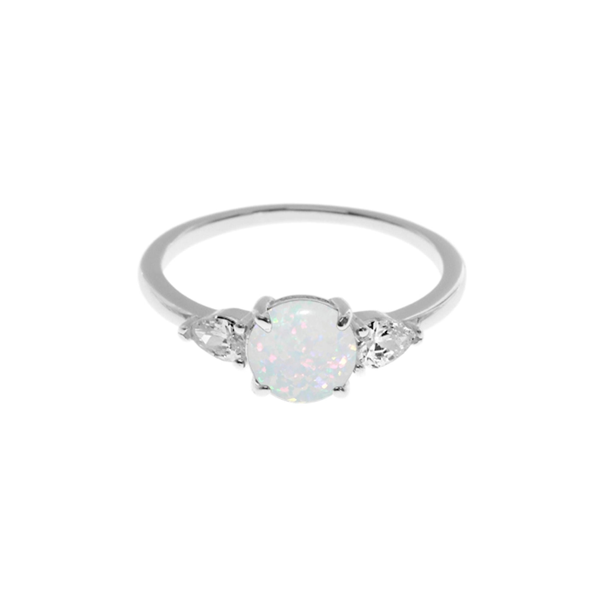 Bethan round white opalique with teardrop CZ shoulder ring