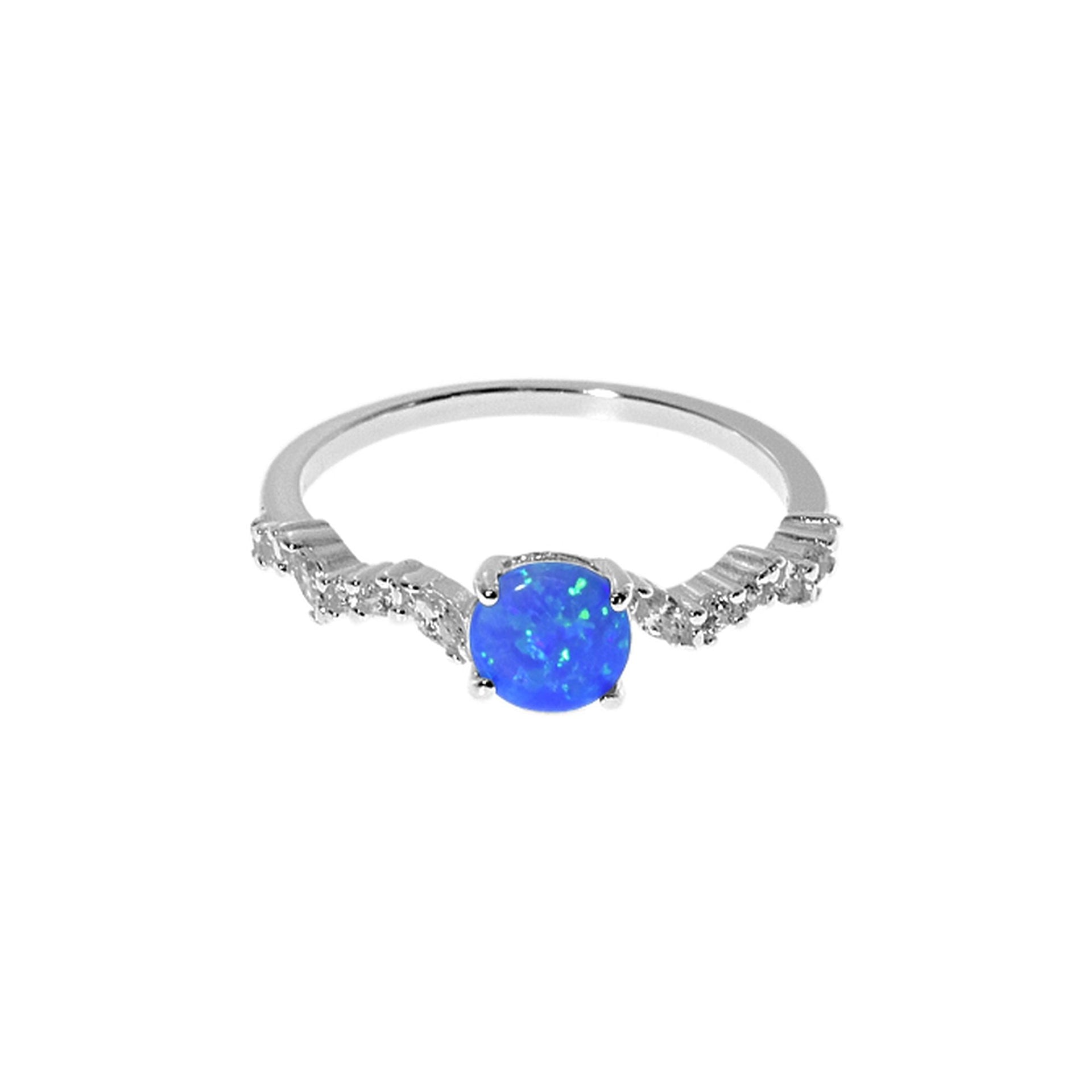 Bethan round blue opalique with wavy CZ shank ring