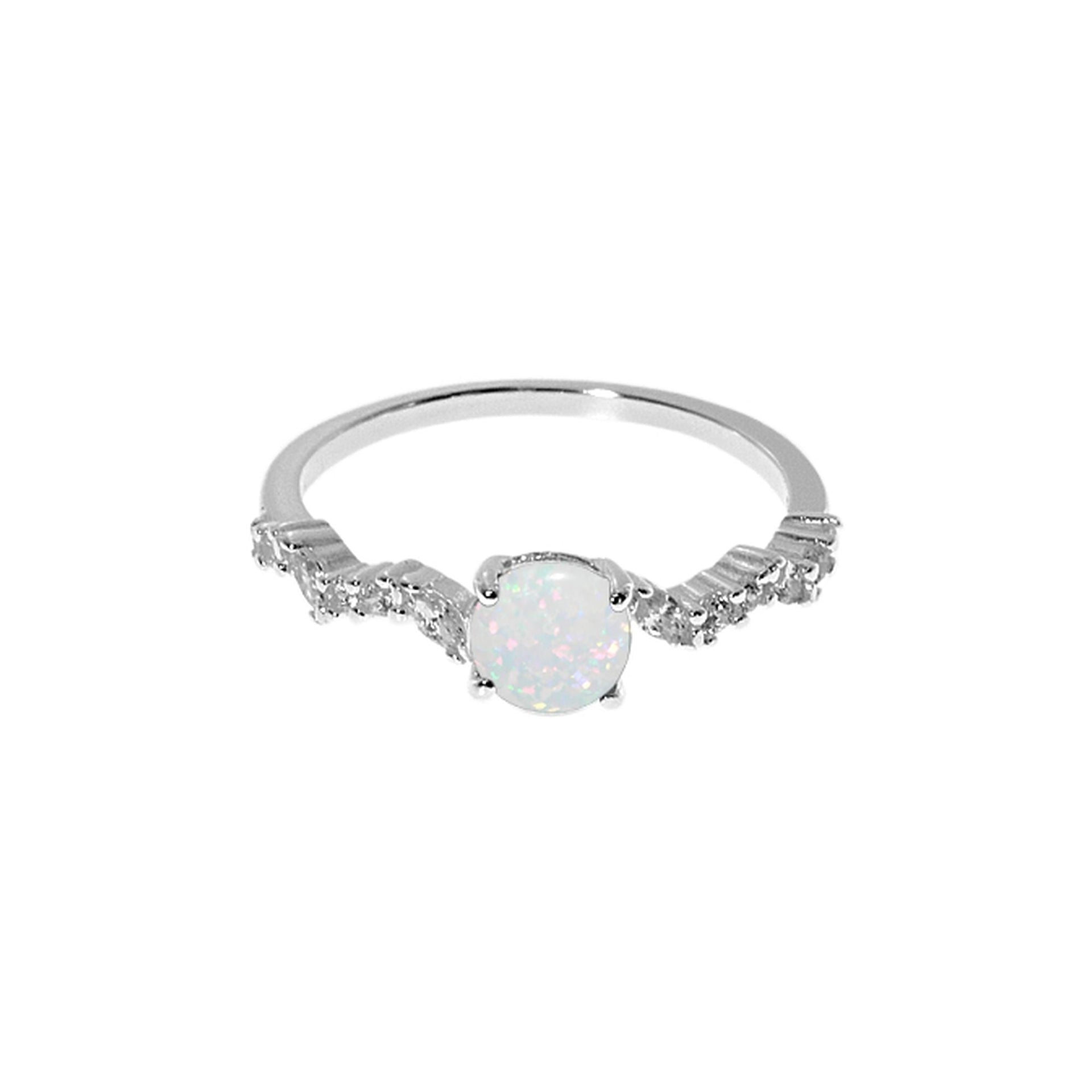 Bethan round white opalique with wavy CZ shank ring
