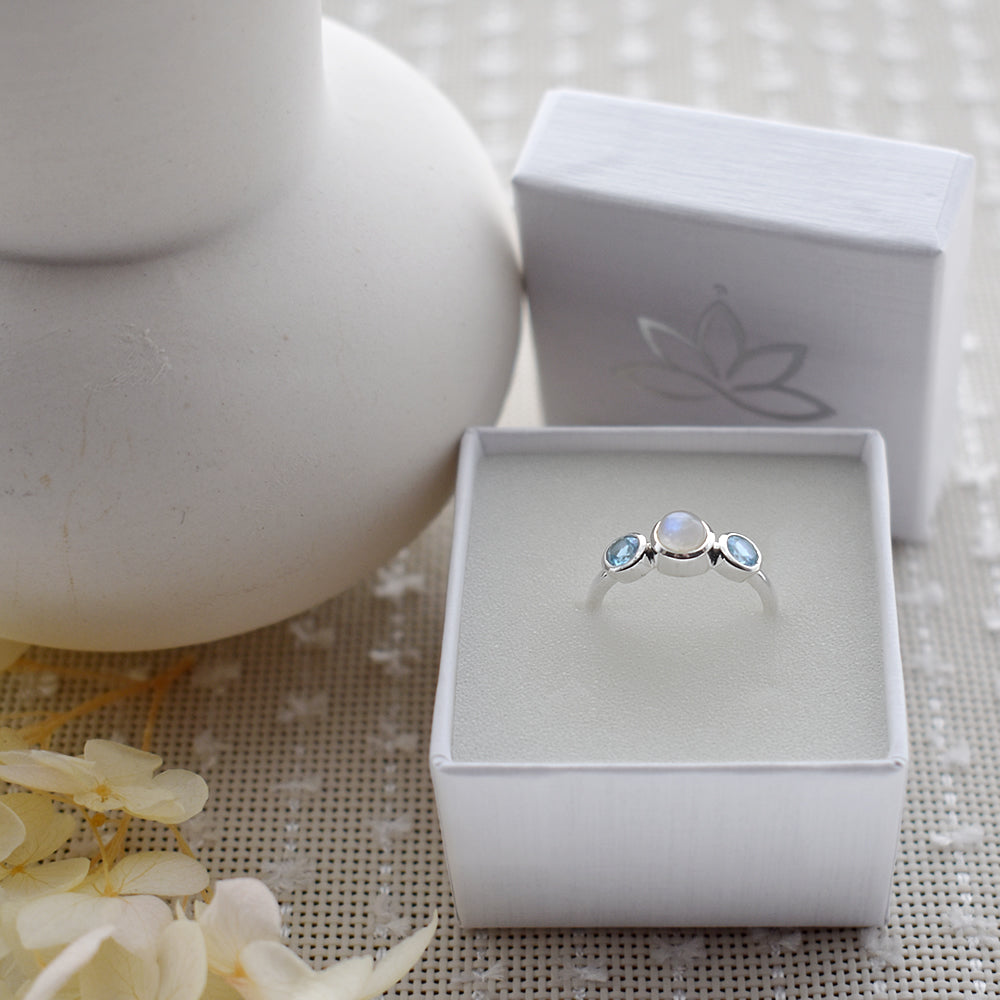 Bridget triple rainbow moonstone & blue topaz ring