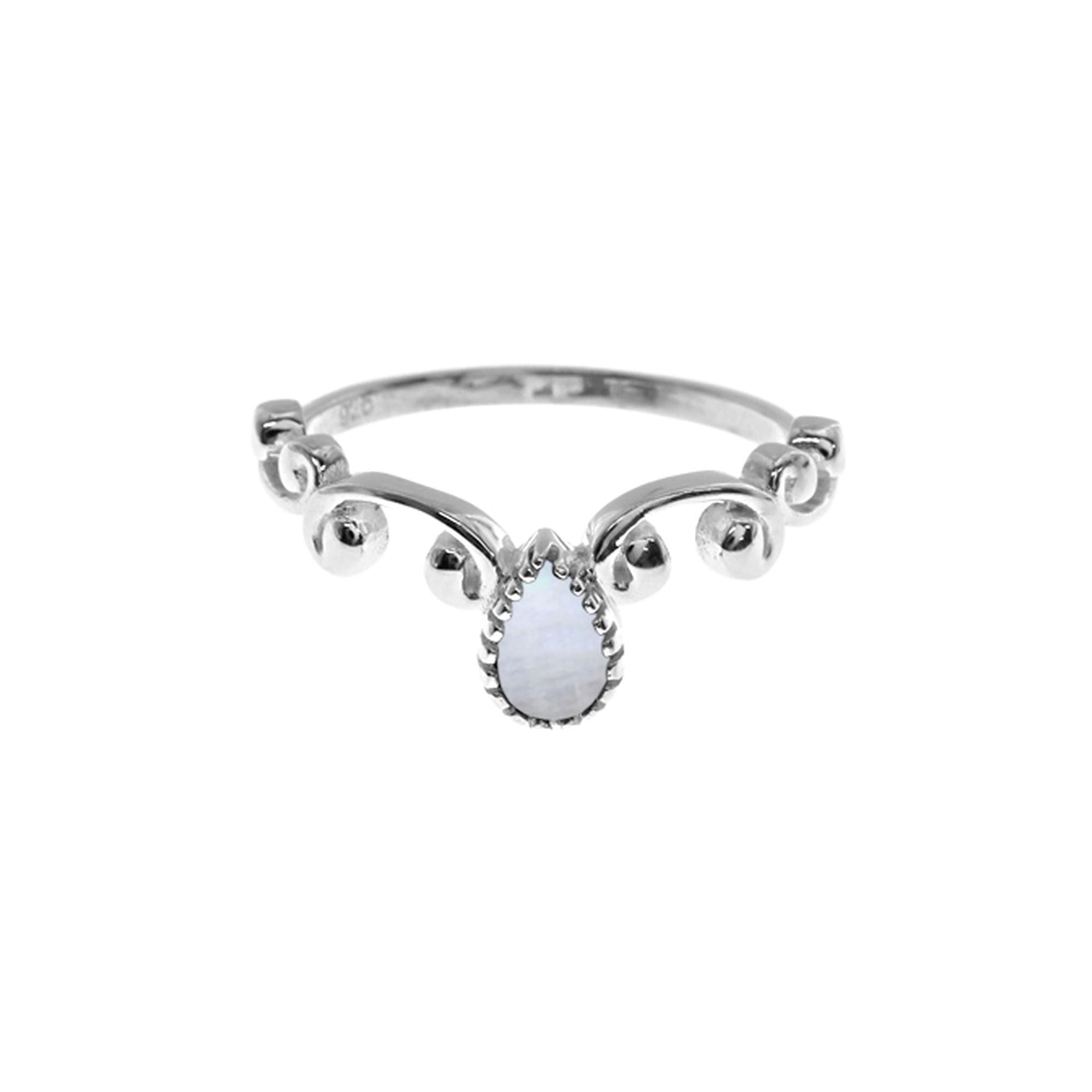 Lola teardrop rainbow moonstone with scrolled shank ring