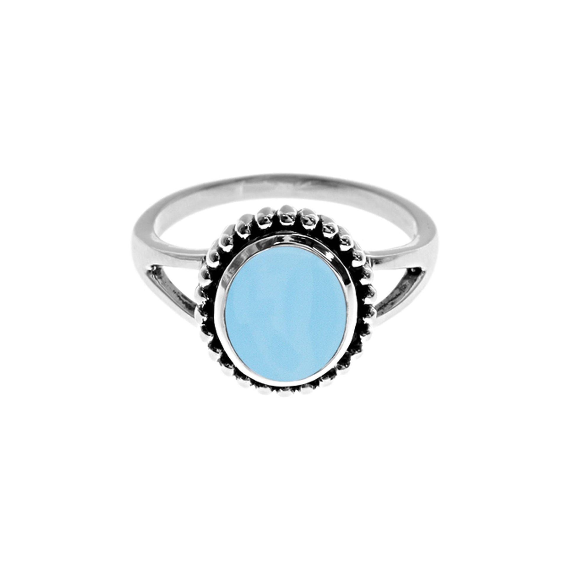 Isla oval blue chalcedony oxidised ball detail ring