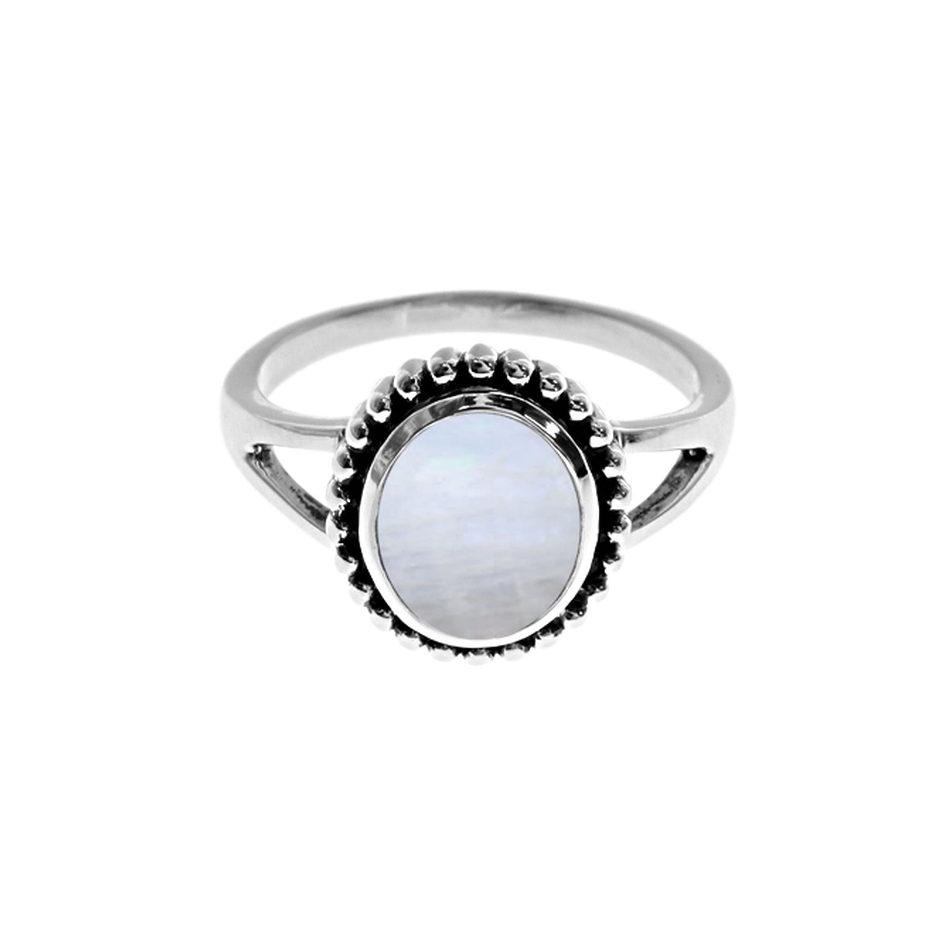 Isla oval rainbow moonstone oxidised ball detail ring