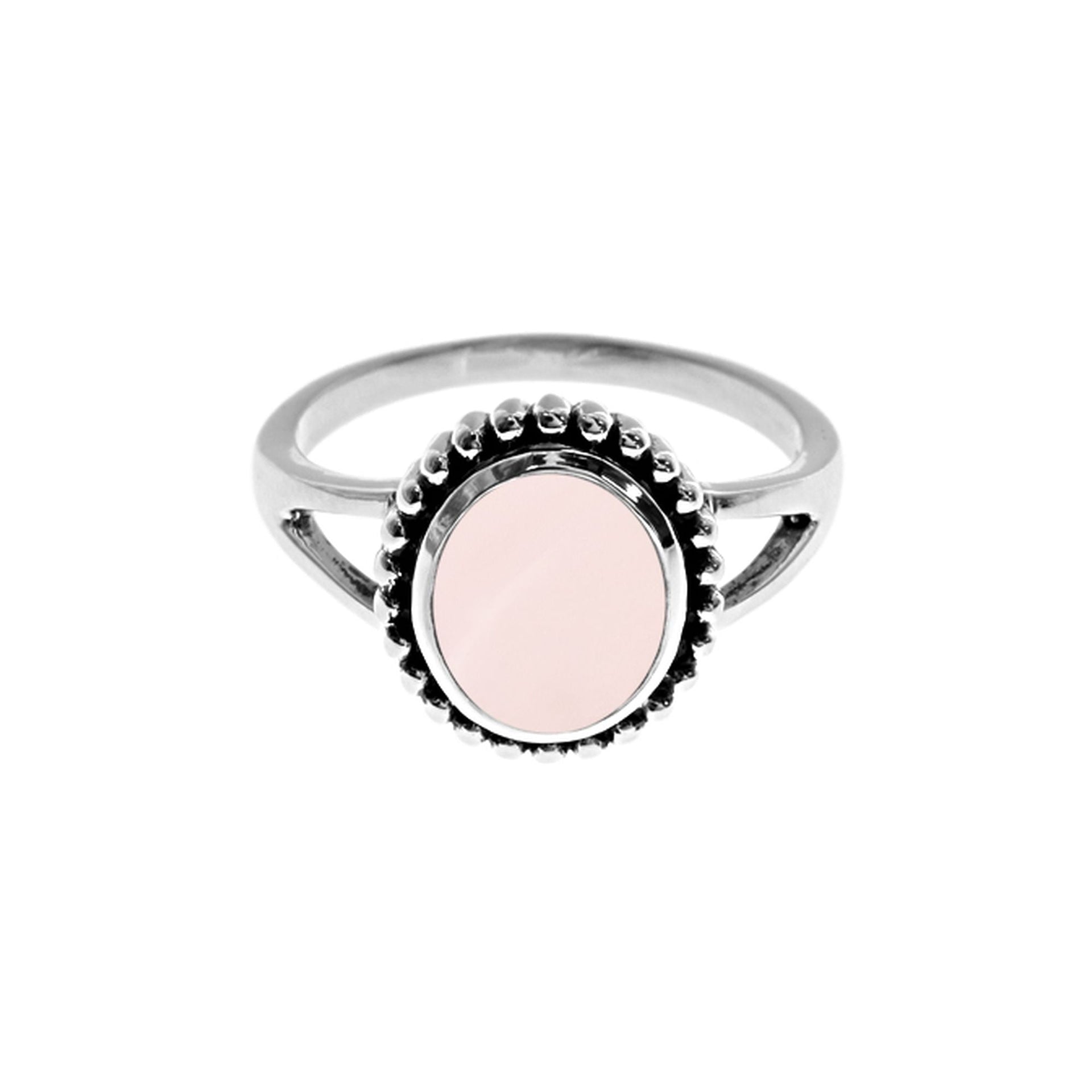 Isla oval rose quartz oxidised ball detail ring