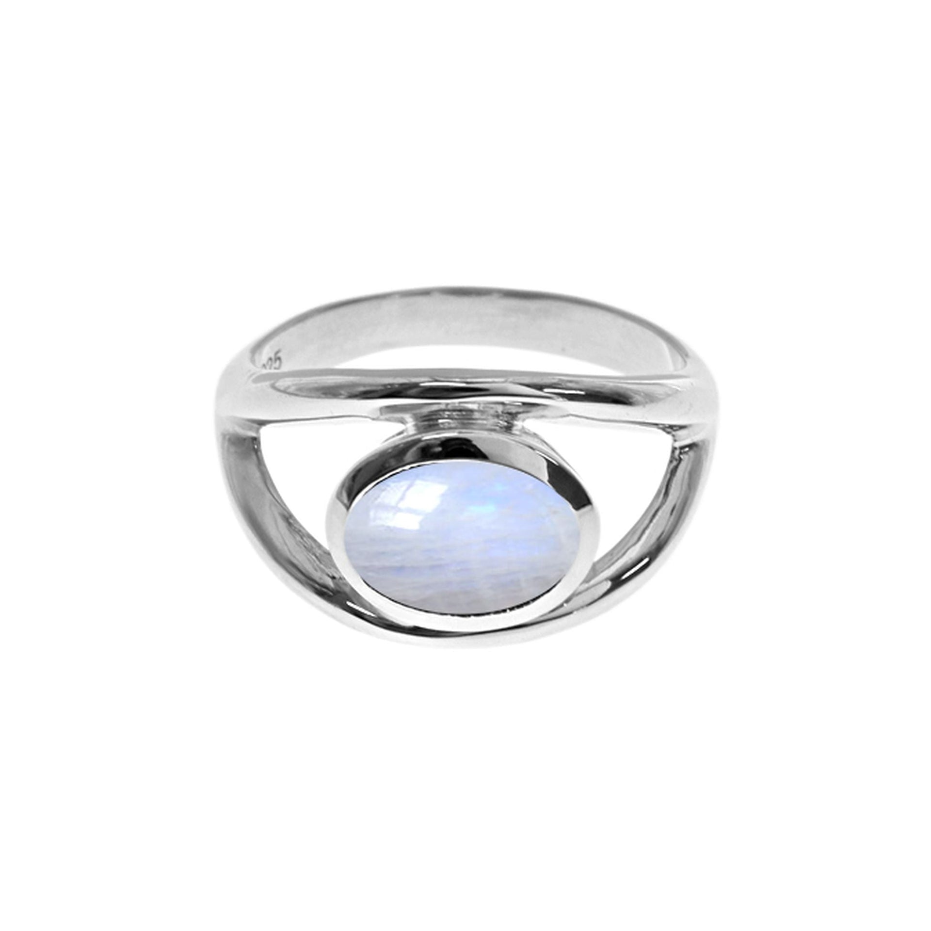 Amy horizontal rainbow moonstone split shoulder ring