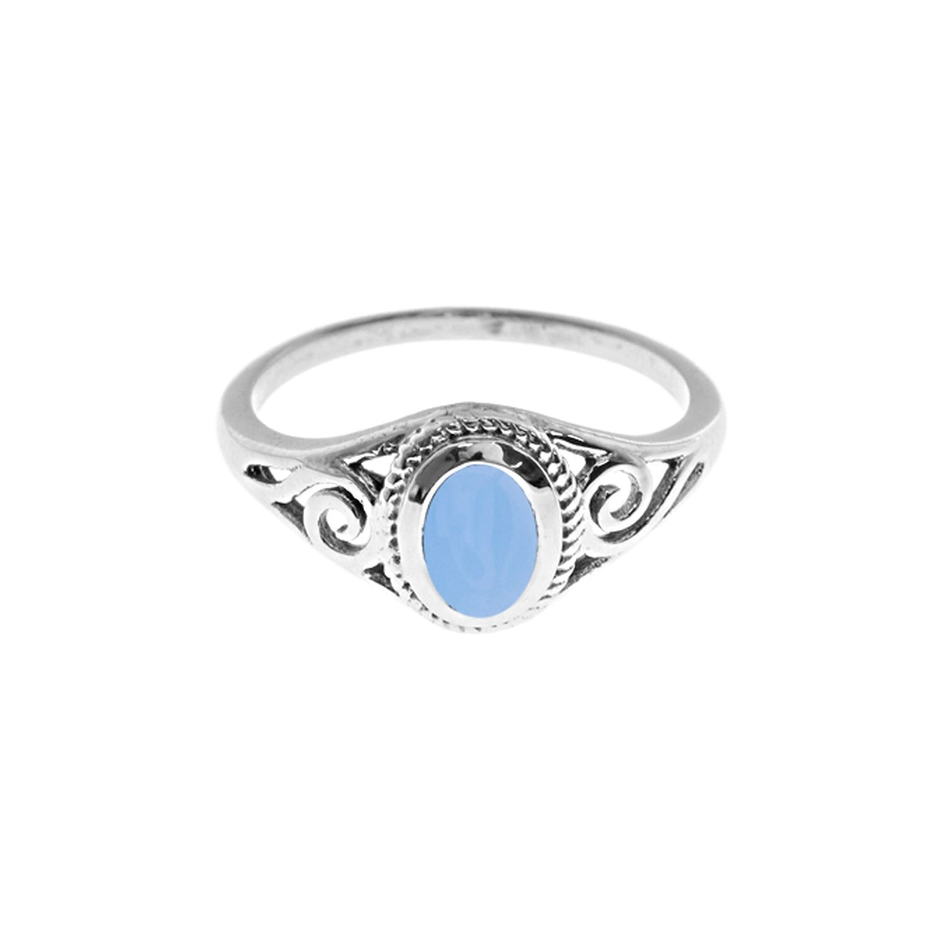 Catalina blue chalcedony scroll ring