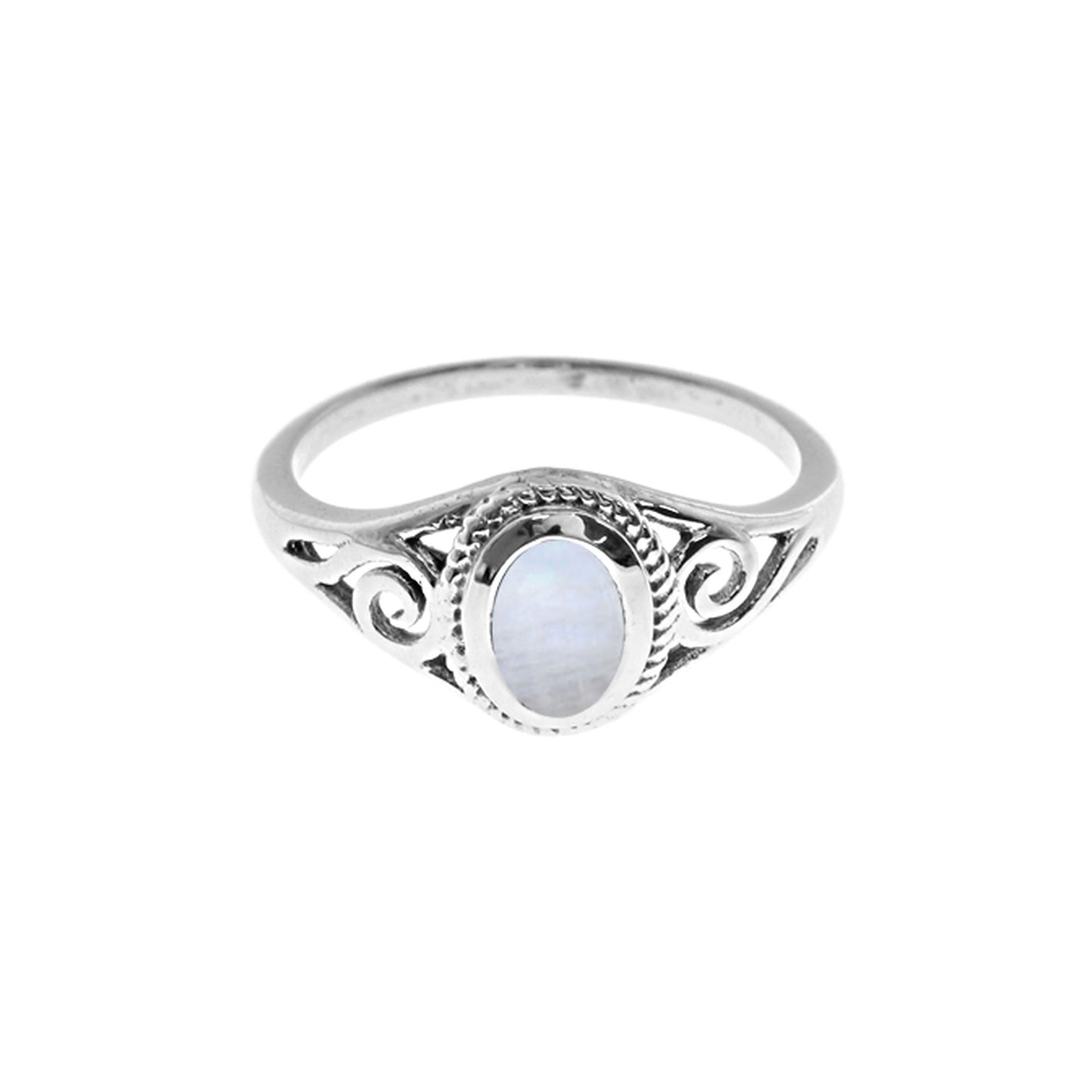 Catalina rainbow moonstone scroll ring