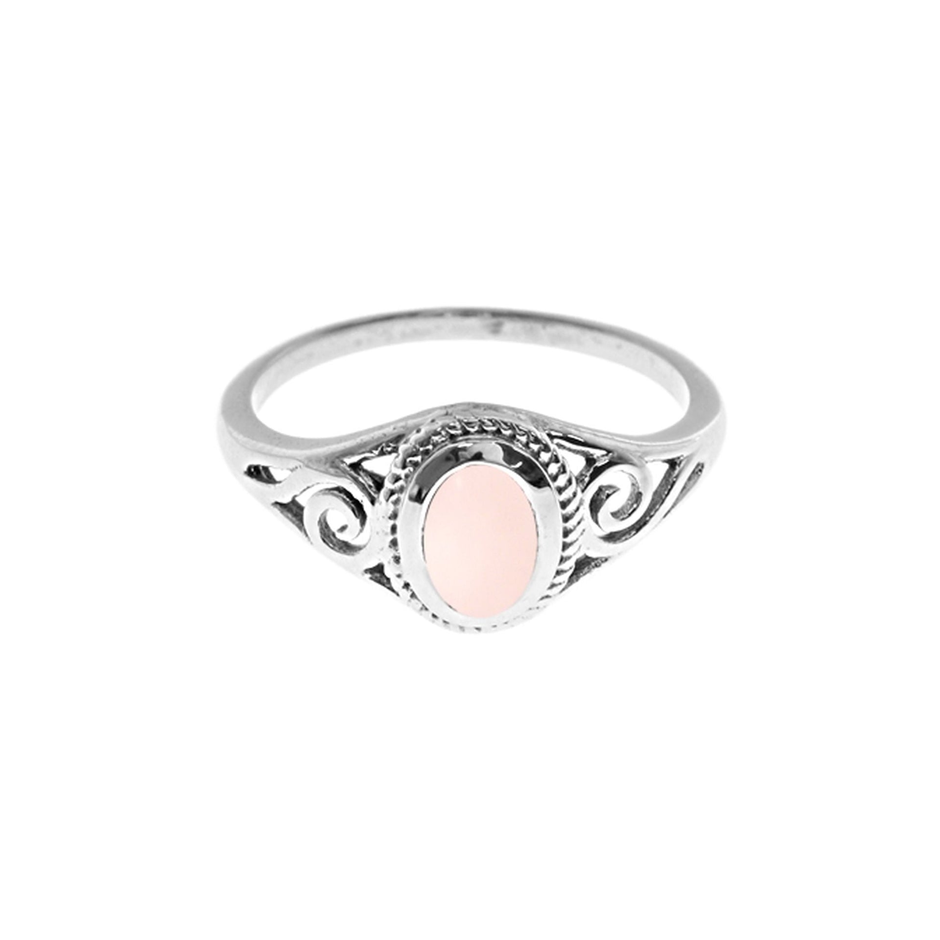 Catalina rose quartz scroll ring