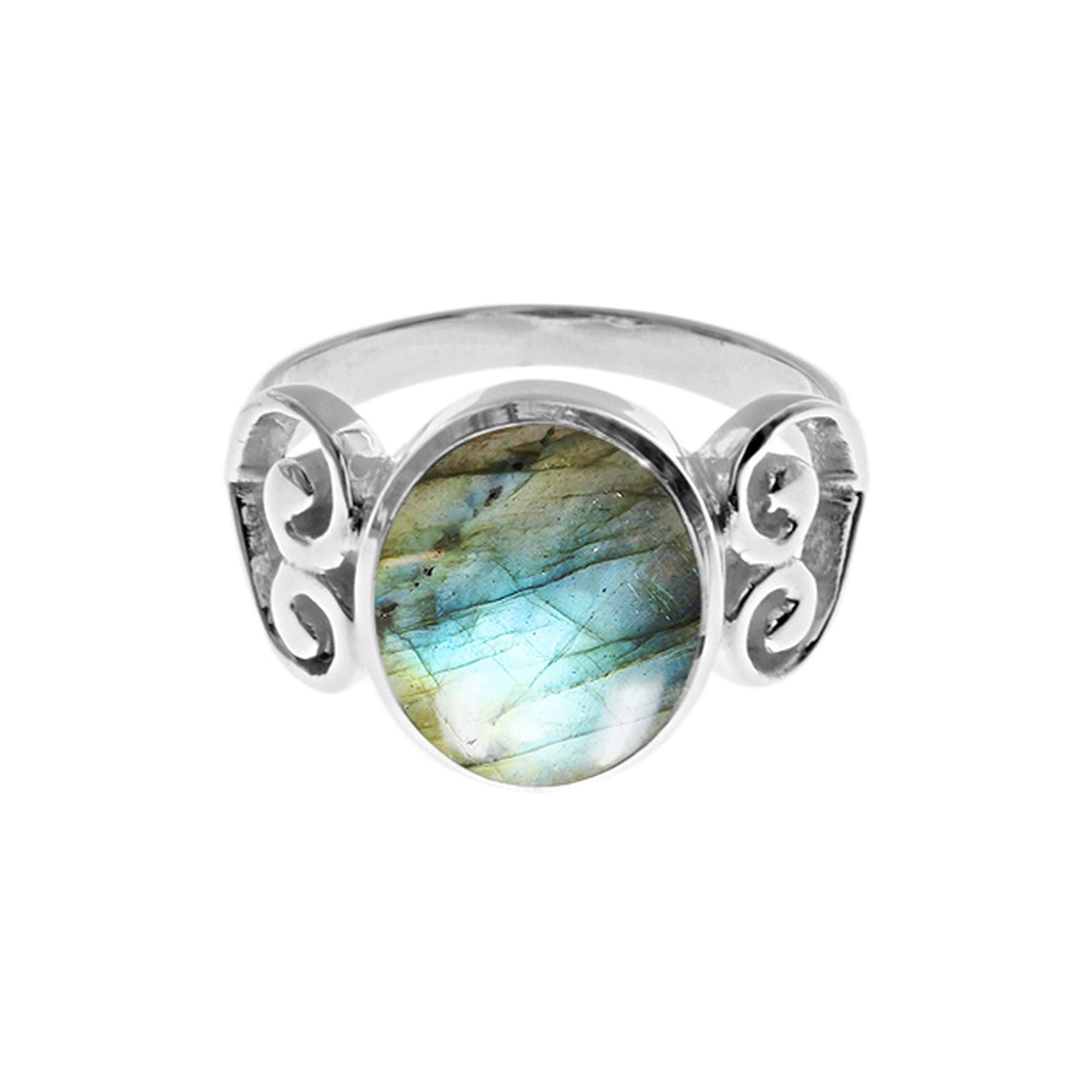 Tilly labradorite scrolled heart ring