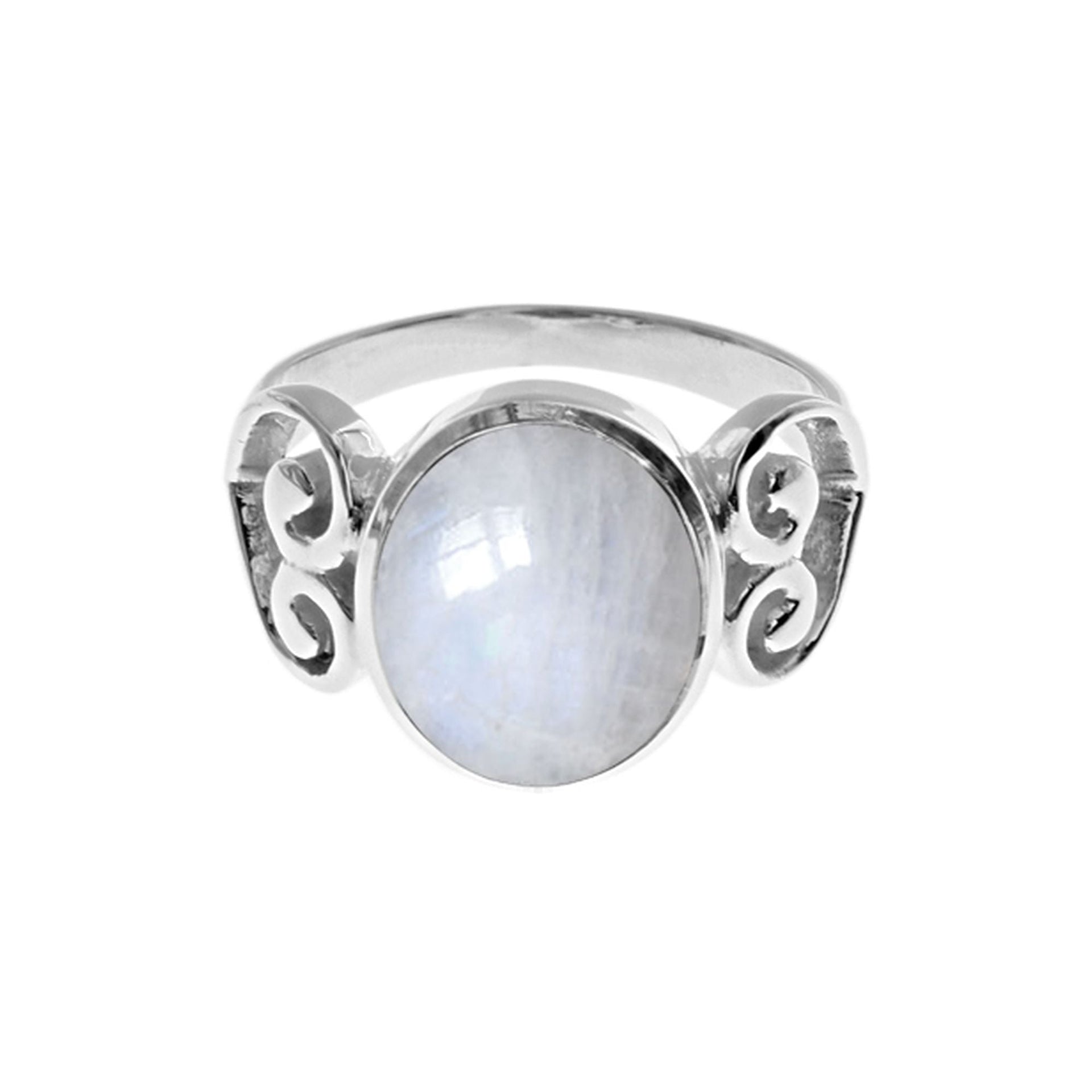 Tilly rainbow moonstone scrolled heart ring