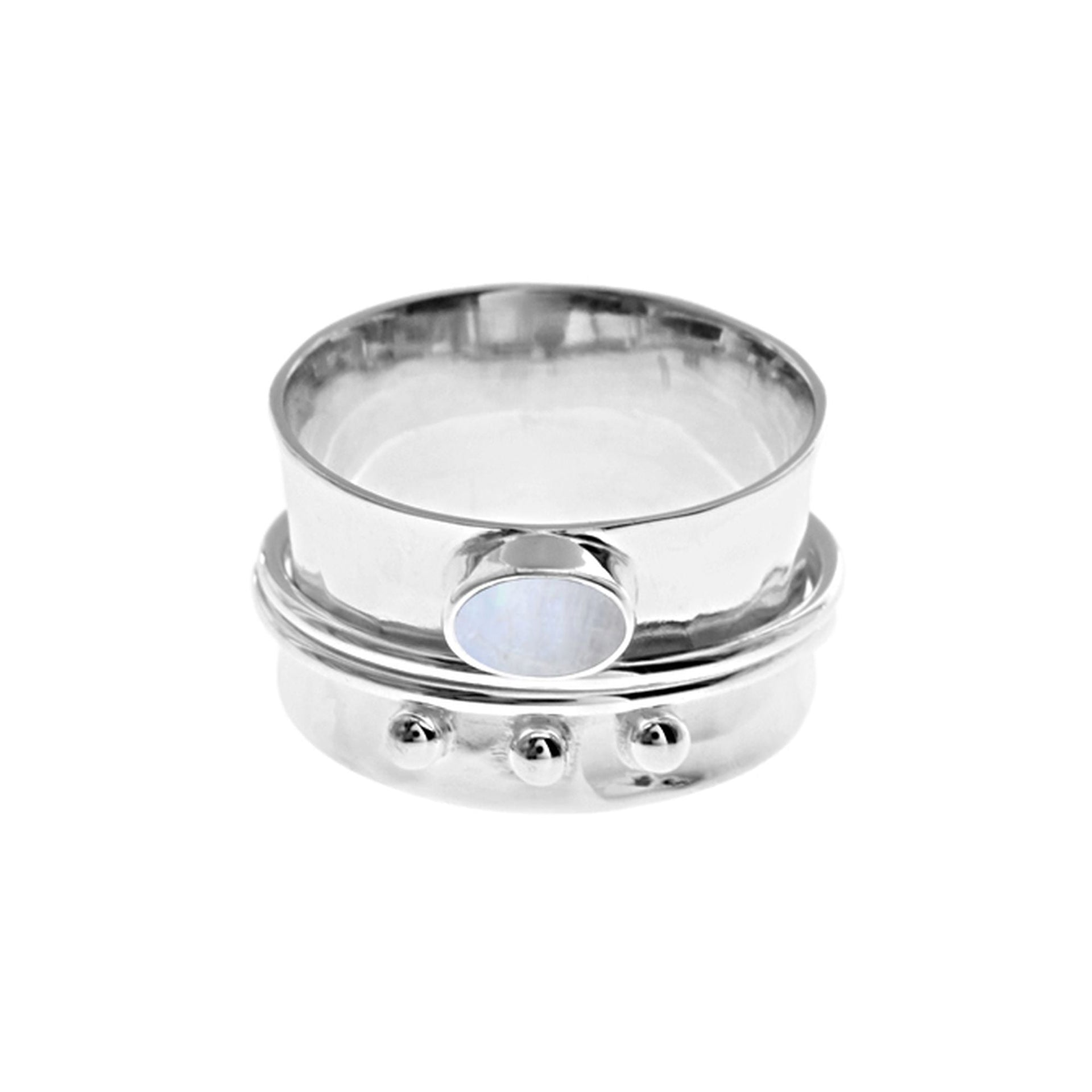 Lola wide band rainbow moonstone & triple ball spinning ring