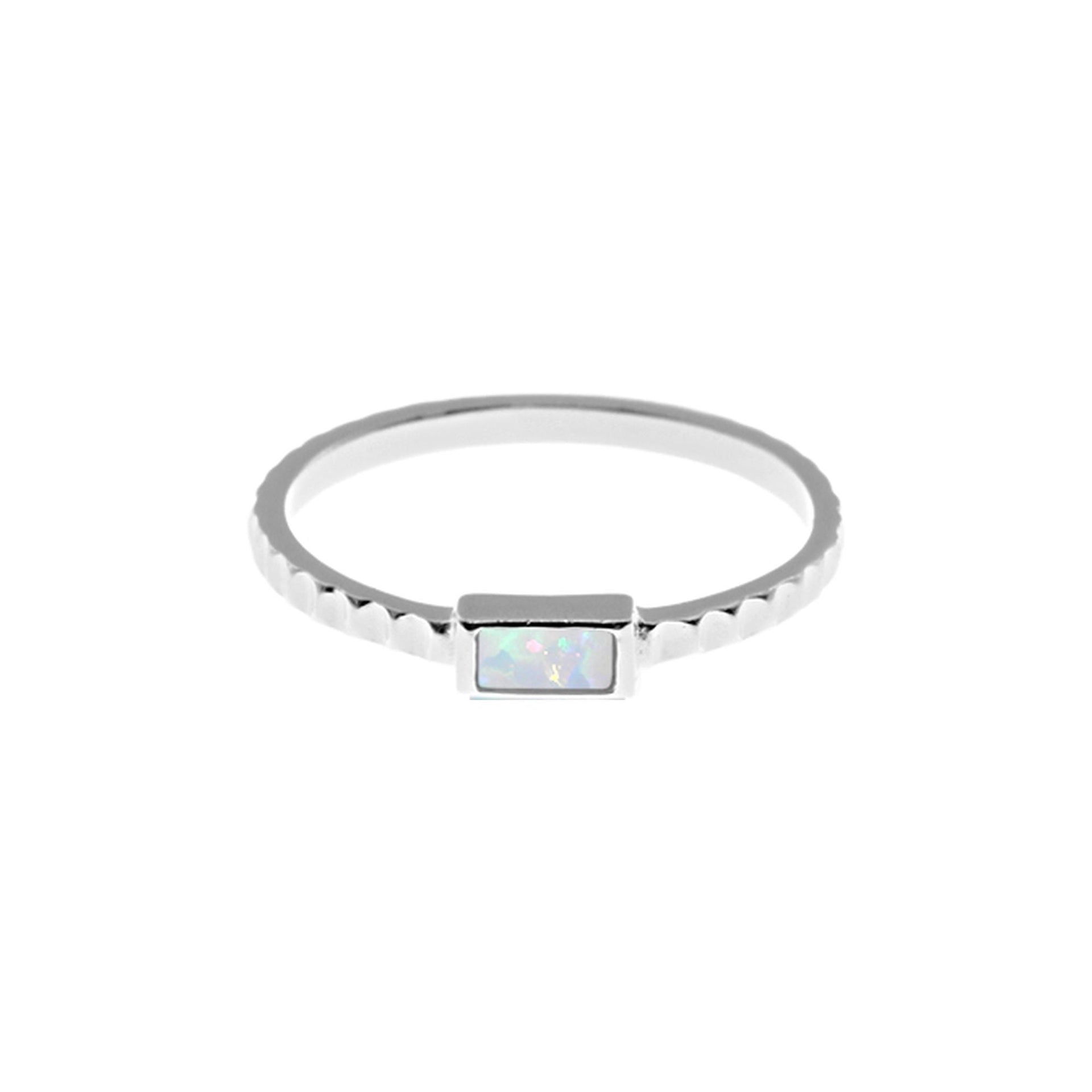 Antoinette rectangular white opalique ridged shank ring