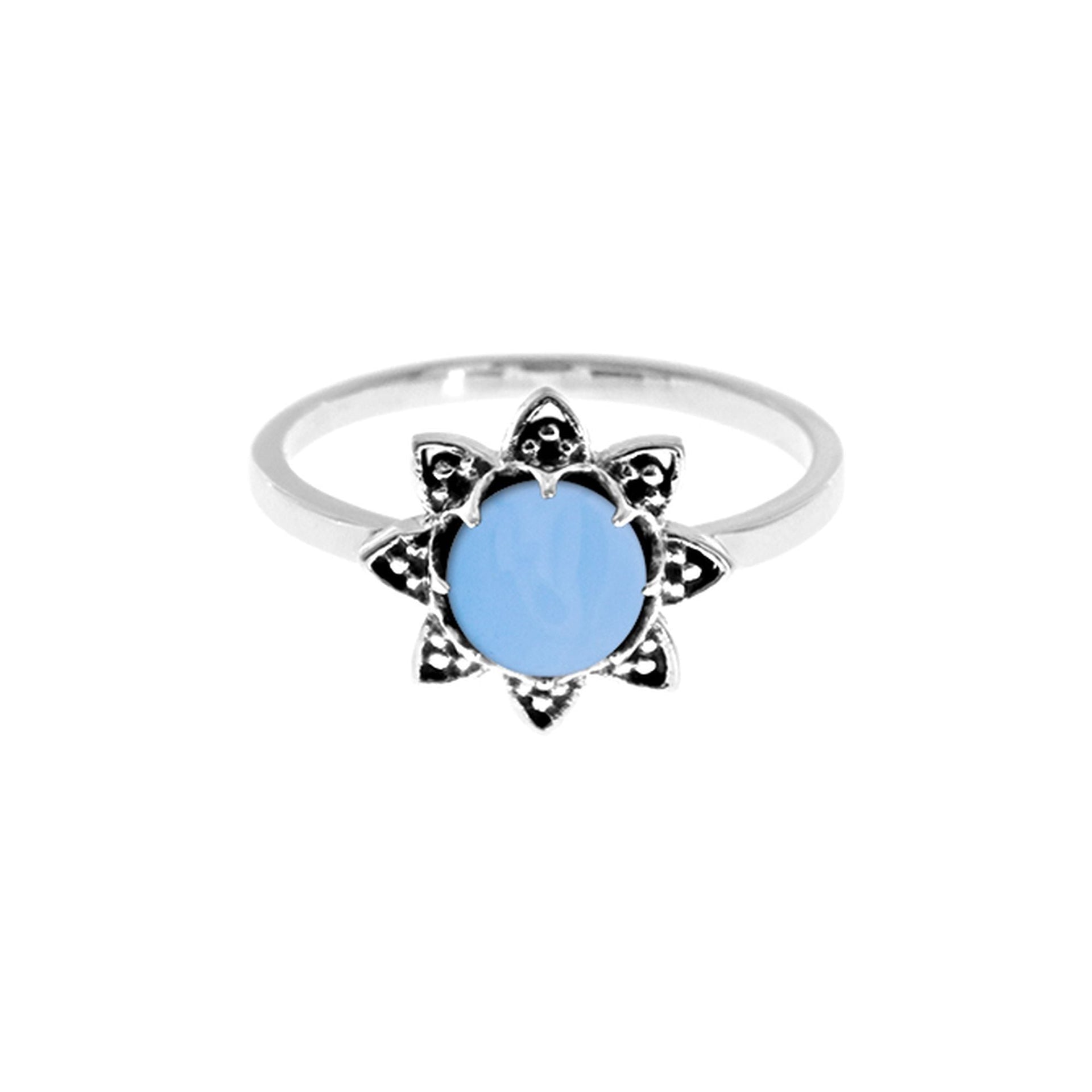 Catalina mandala ring with claw-set blue chalcedony
