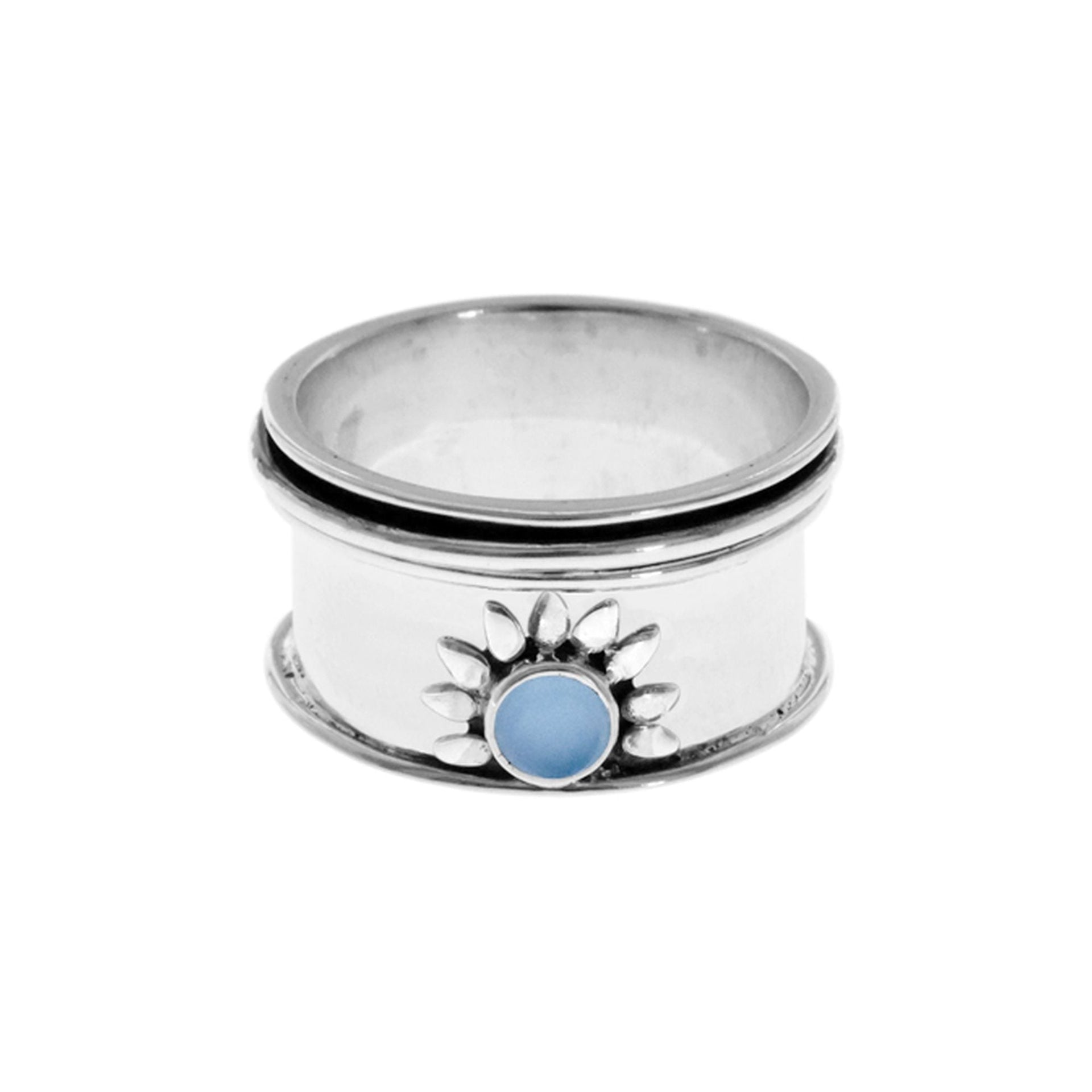 Catalina sunburst spinner ring with blue chalcedony