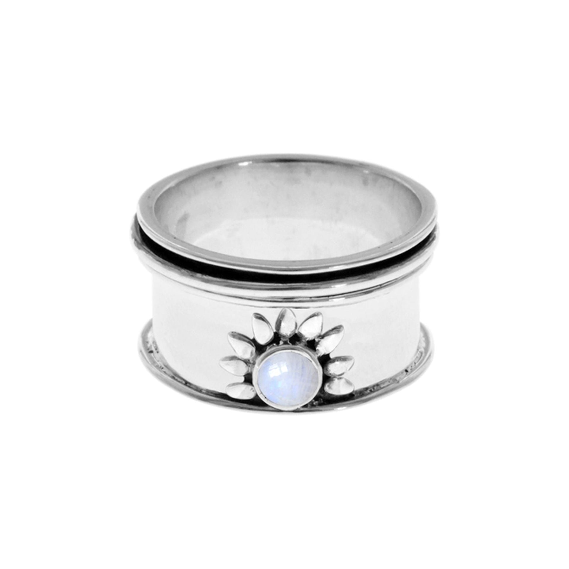 Catalina sunburst spinner ring with rainbow moonstone