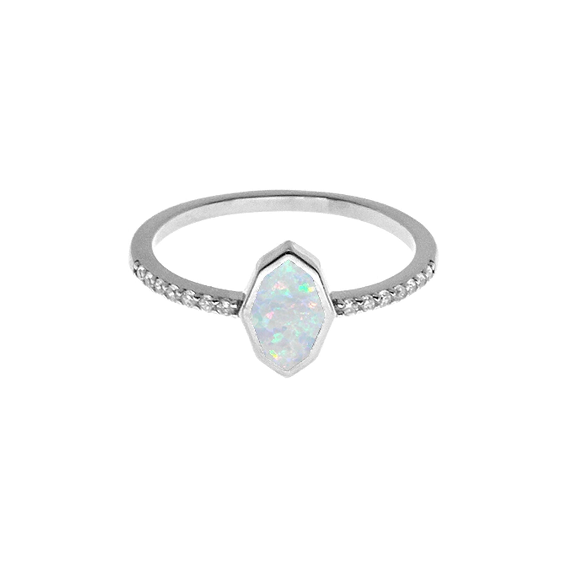 Alexis white opalique octagon with CZ shoulder ring
