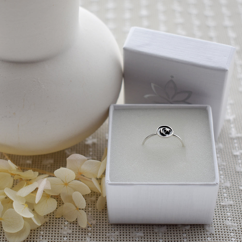 Faith oxidised moon & star fine band ring