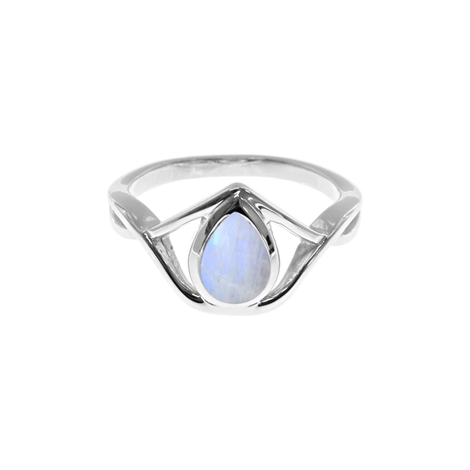 Betsy teardrop rainbow moonstone crossover ring