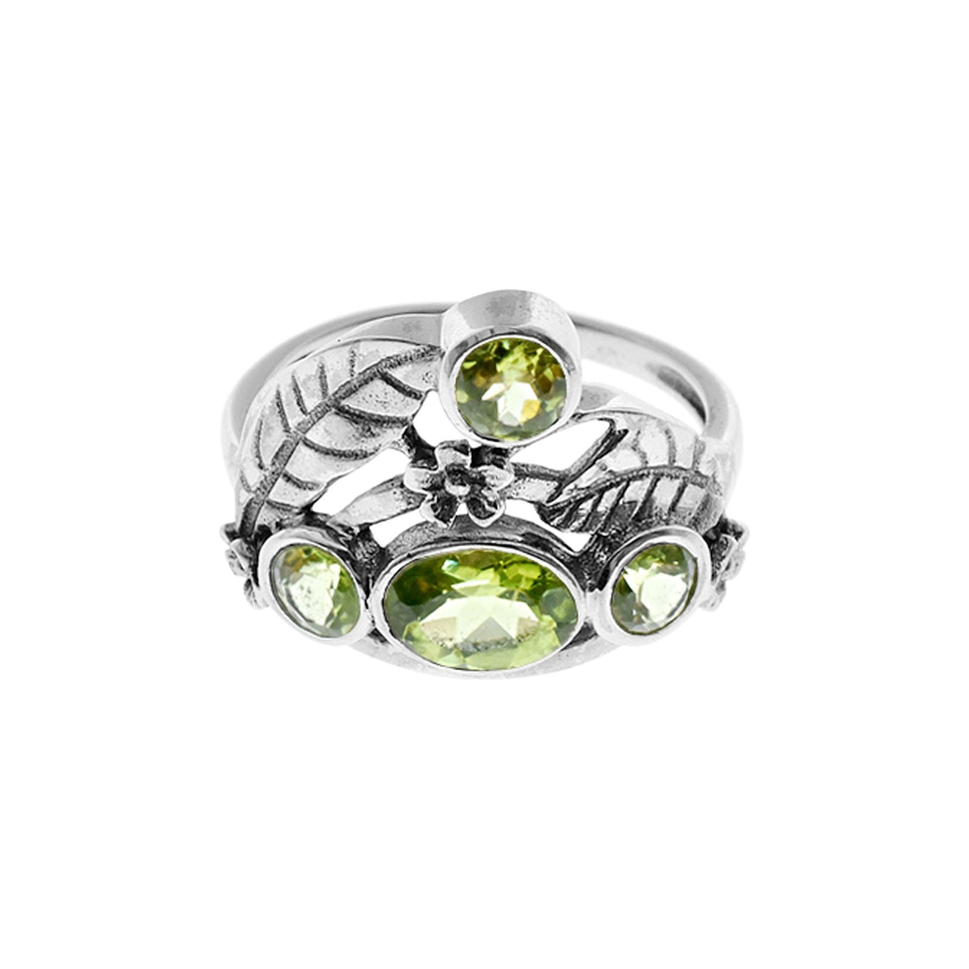 Zora leaf and flower crown peridot ring