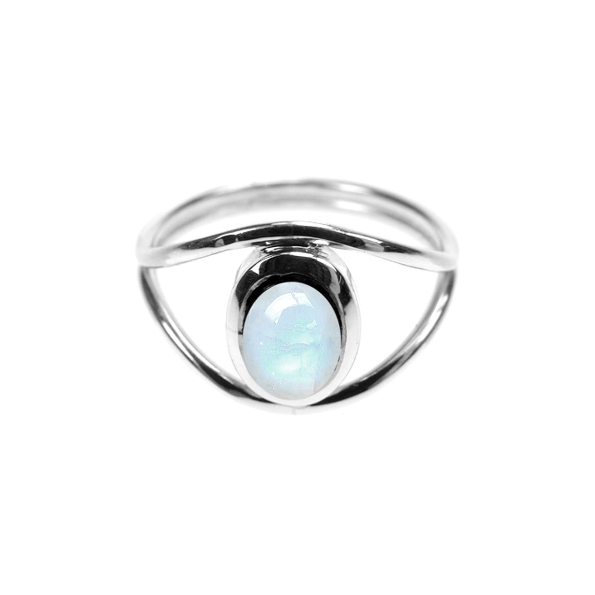 Amy rainbow moonstone open shoulder ring