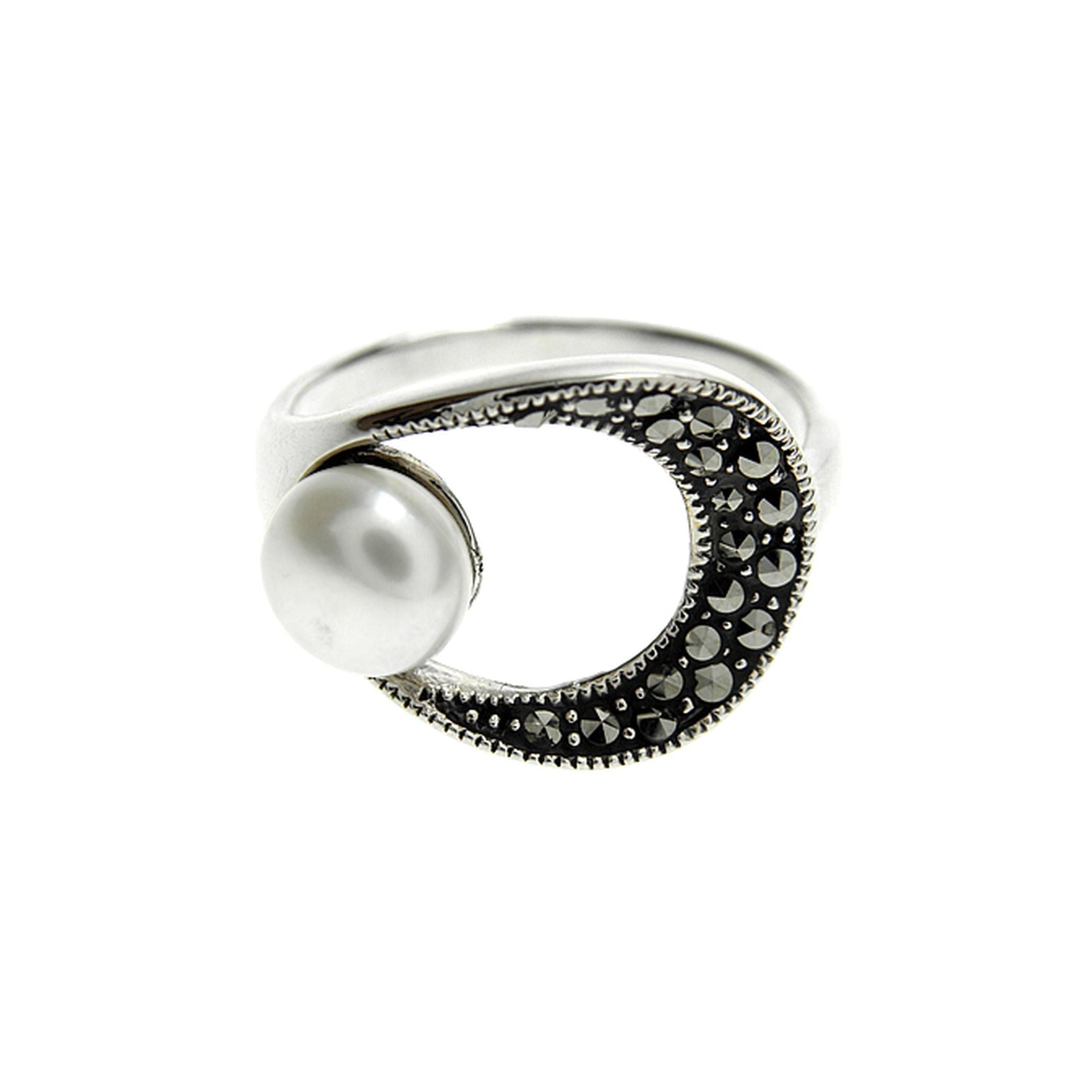 Sculpted oval marcasite & pearl ring
