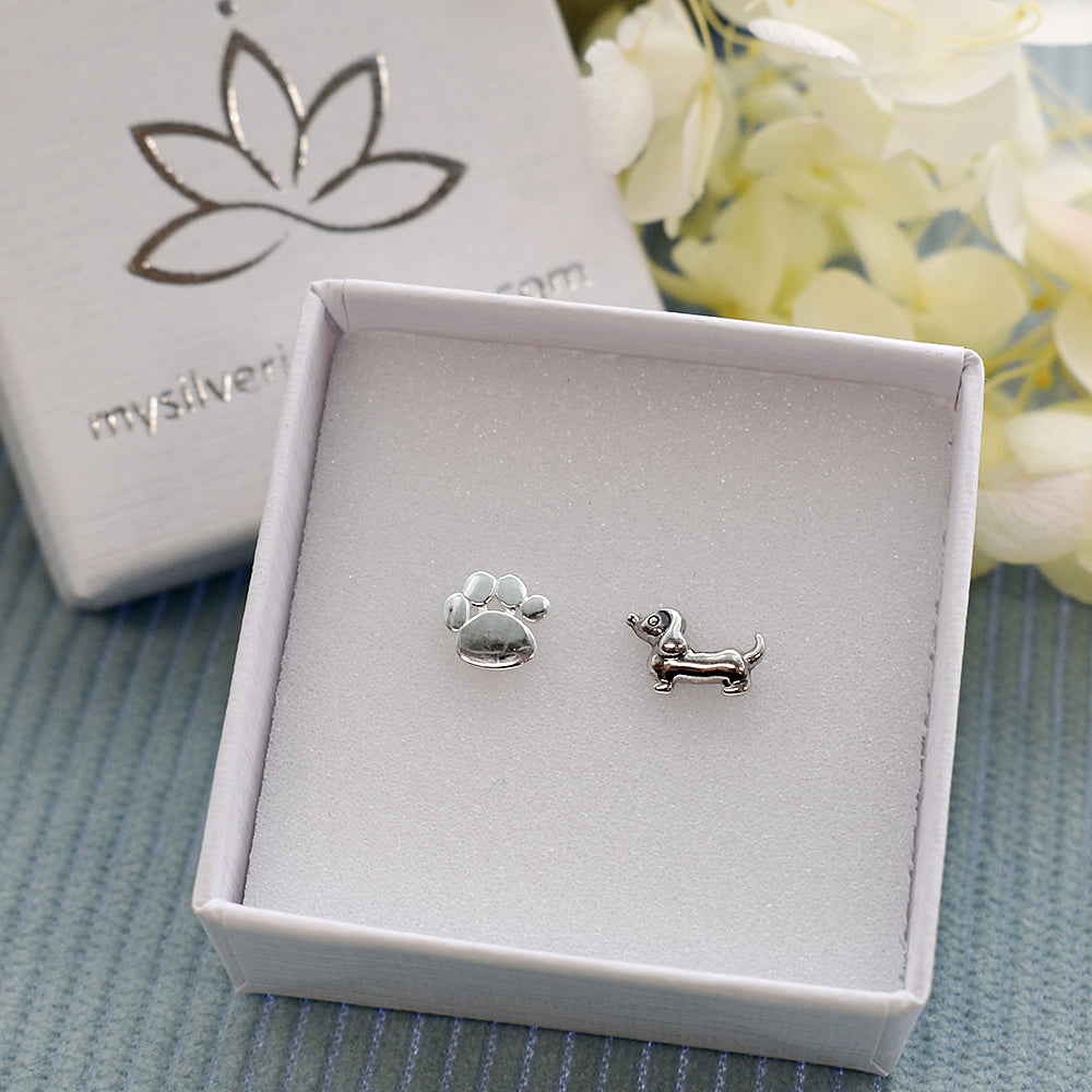 Matilda dachshund and paw print studs