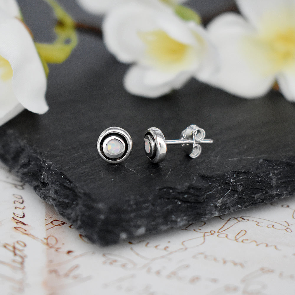 Antoinette small double surround white opalique studs