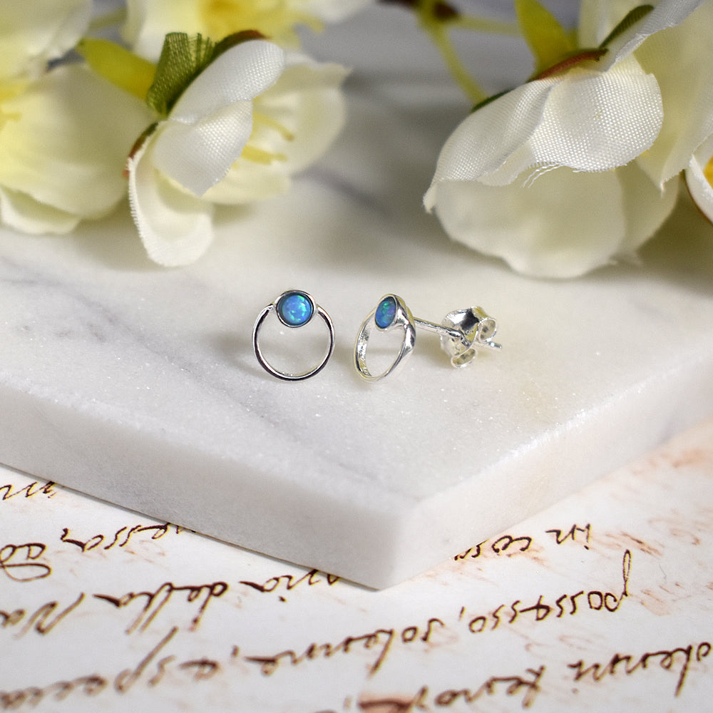 Angelica small round blue opalique halo studs