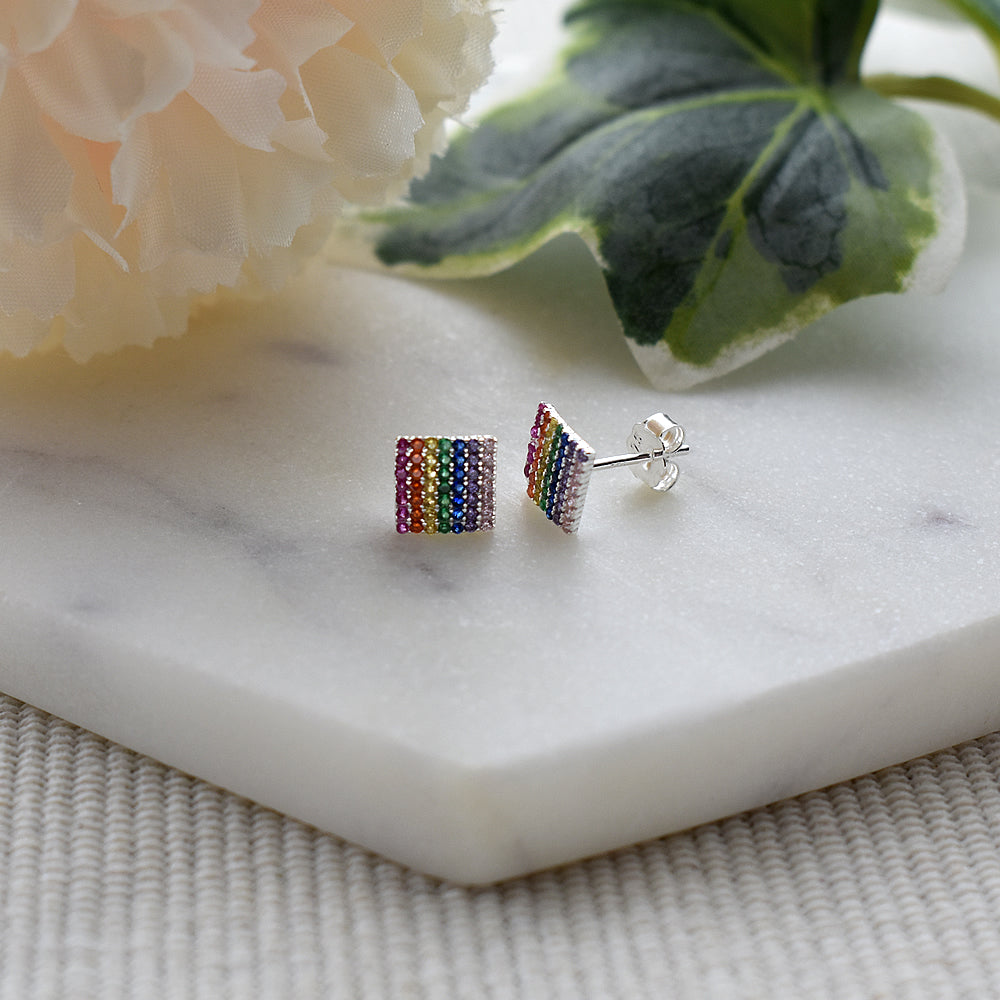 Callista square striped rainbow CZ studs