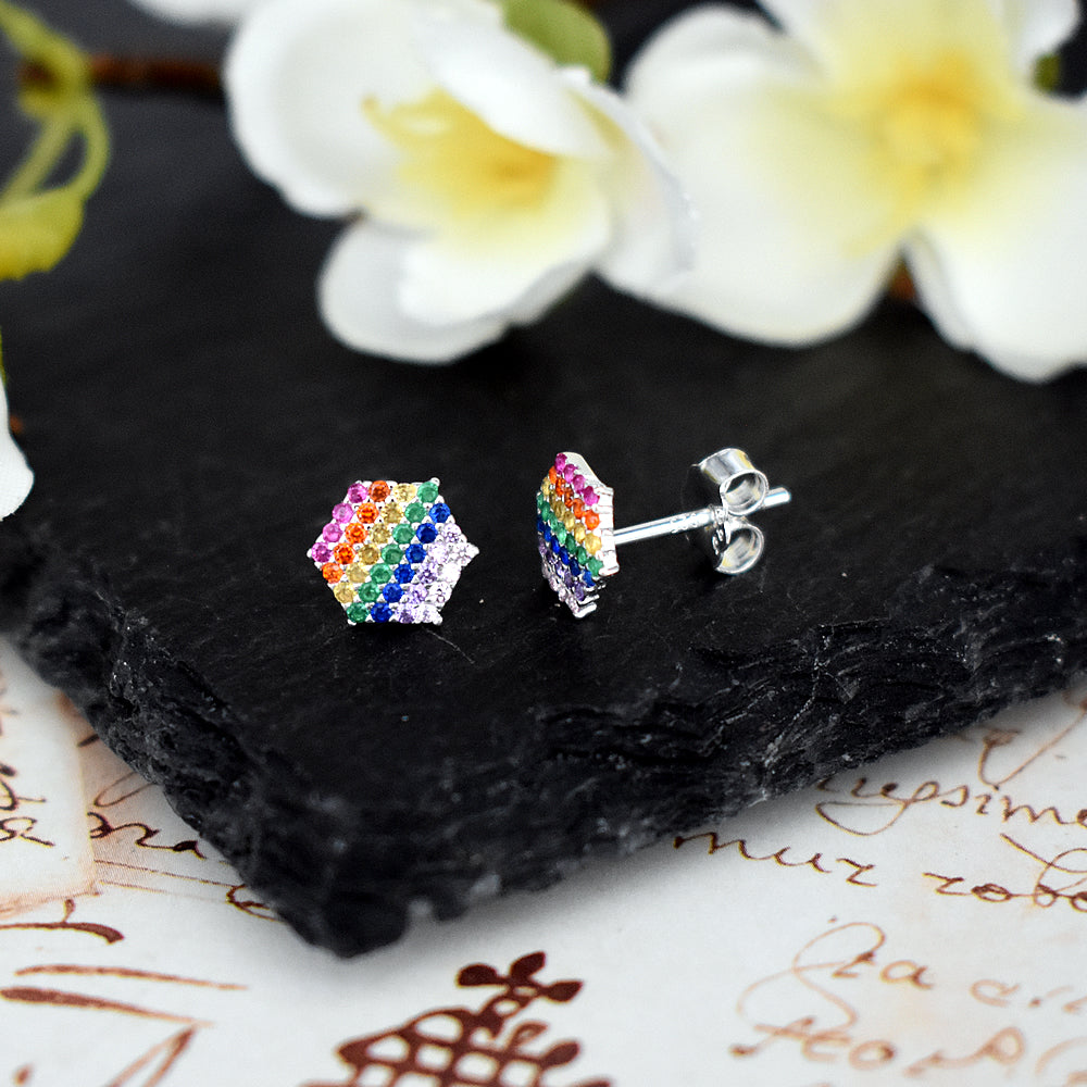 Callista hexagonal striped rainbow CZ studs