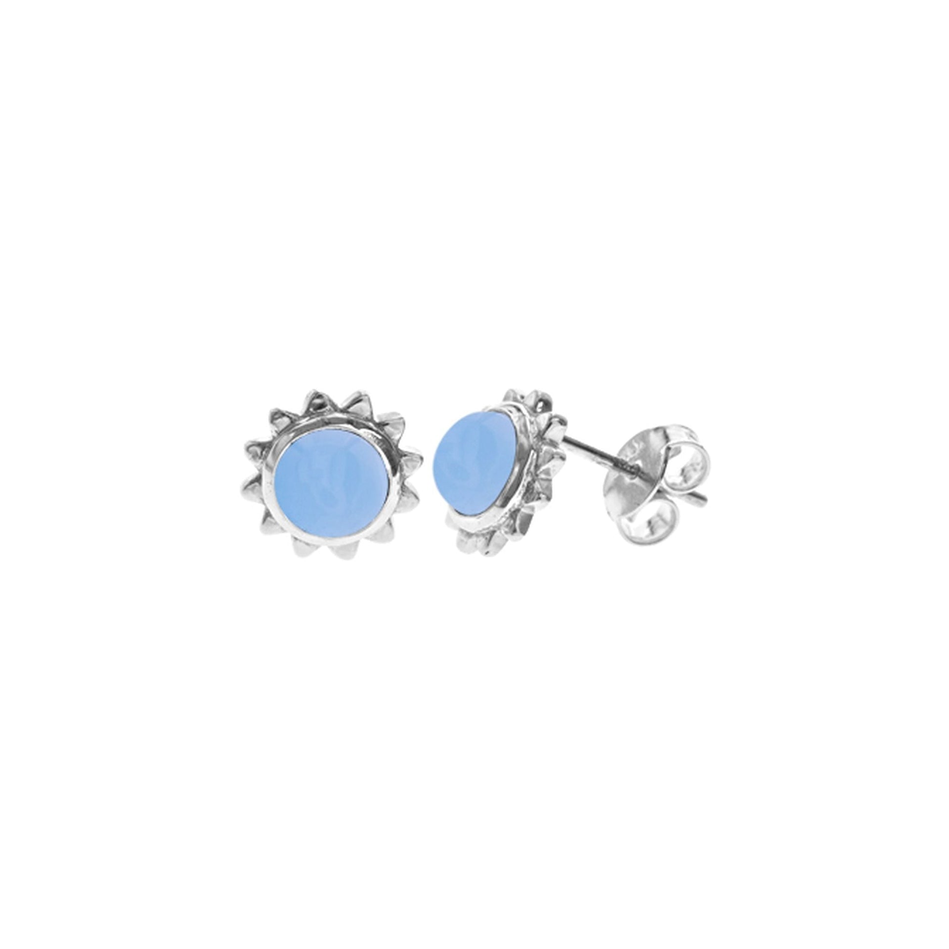 Catalina round blue chalcedony sunburst studs