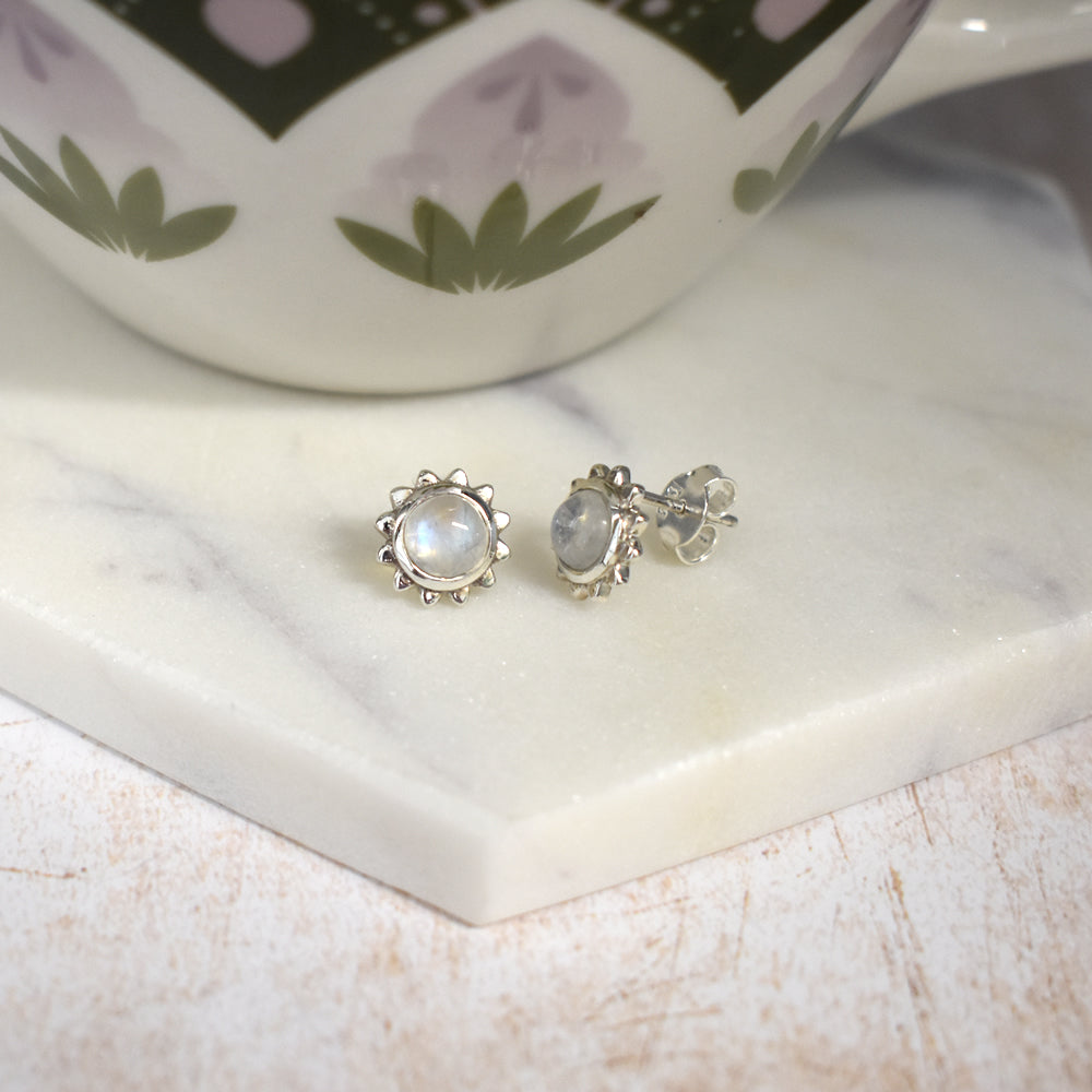 Catalina round rainbow moonstone sunburst studs