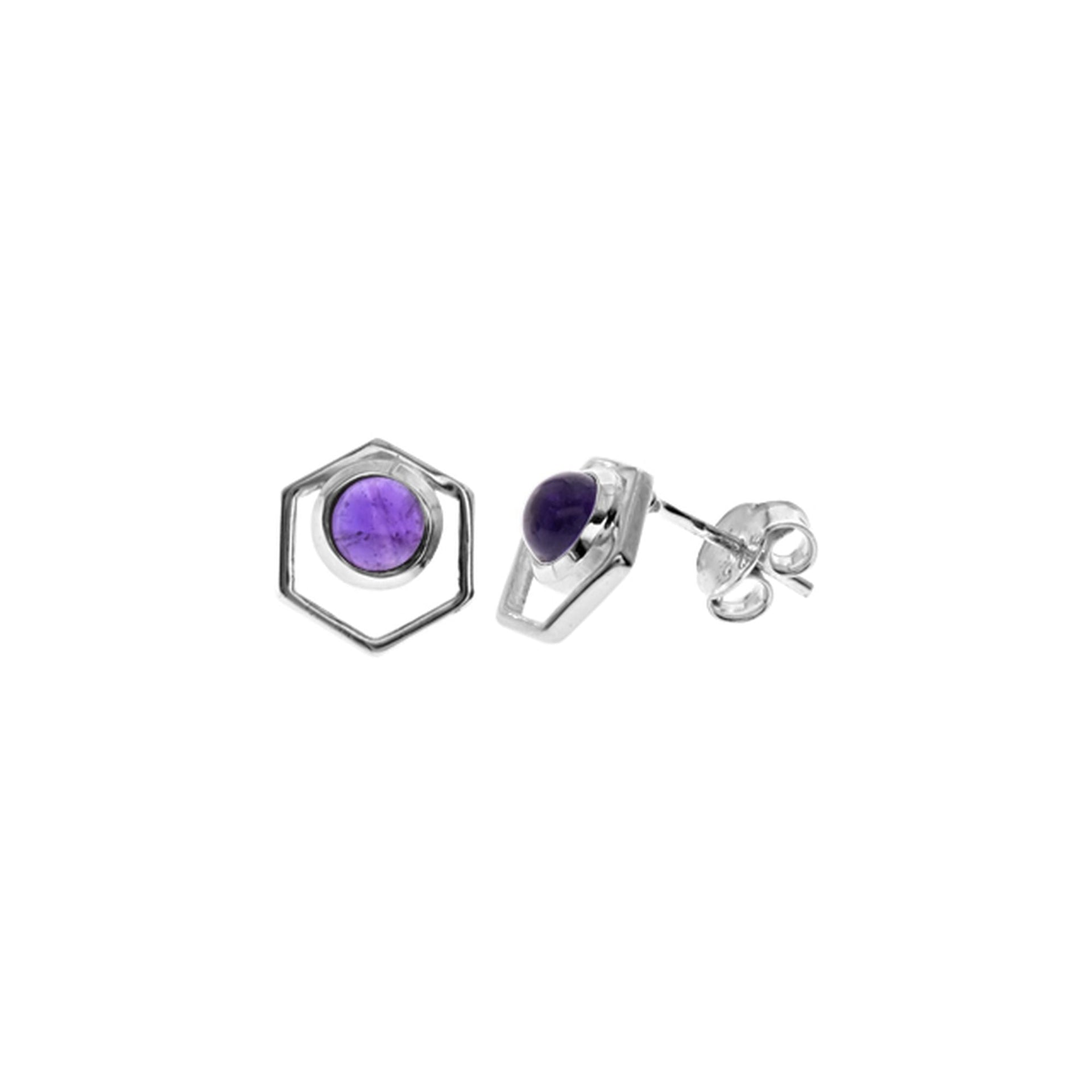 Ivy round amethyst in hexagon surround studs