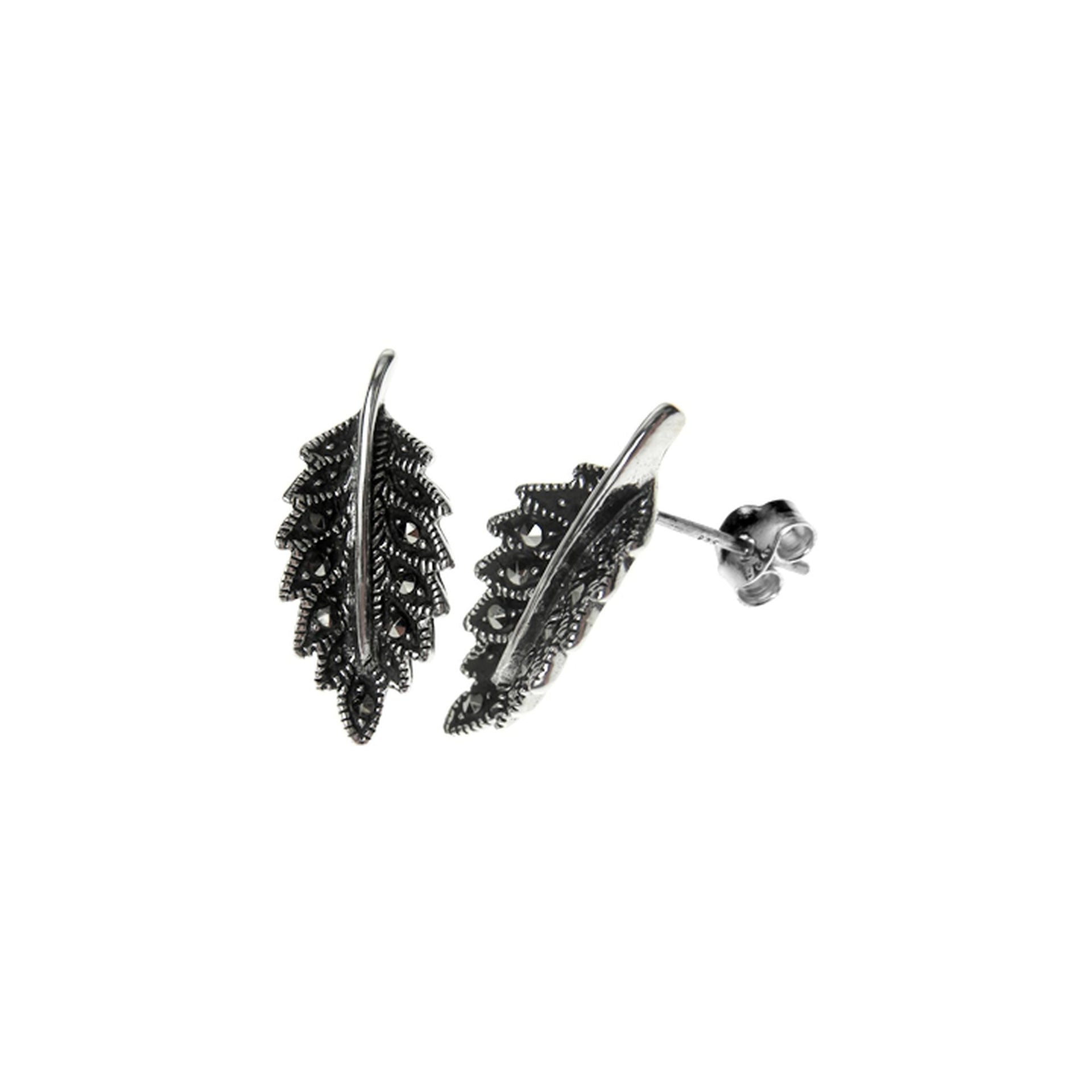 Silver and marcasite concaved open leaf studs