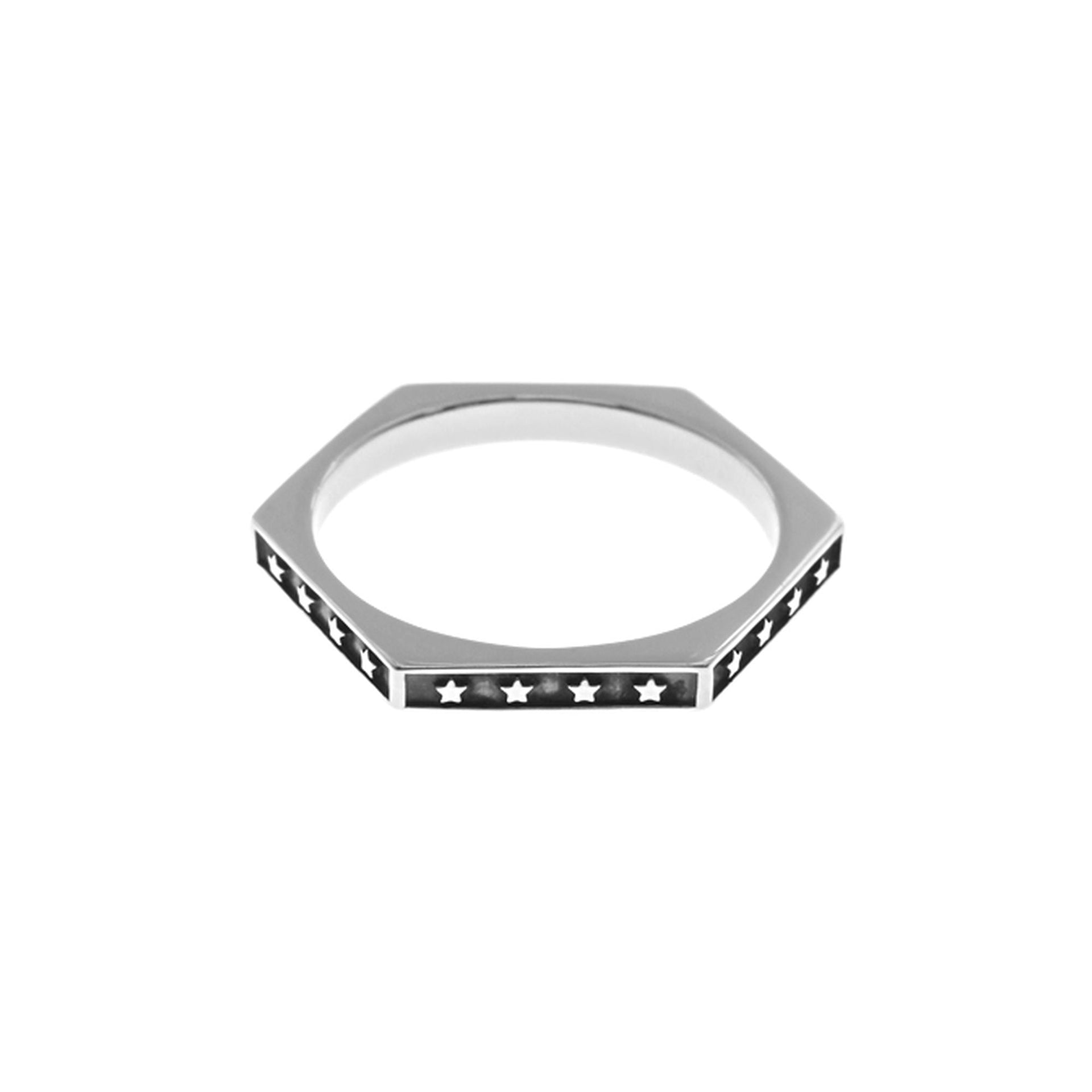 Harley hexagonal oxidised silver ring with stars