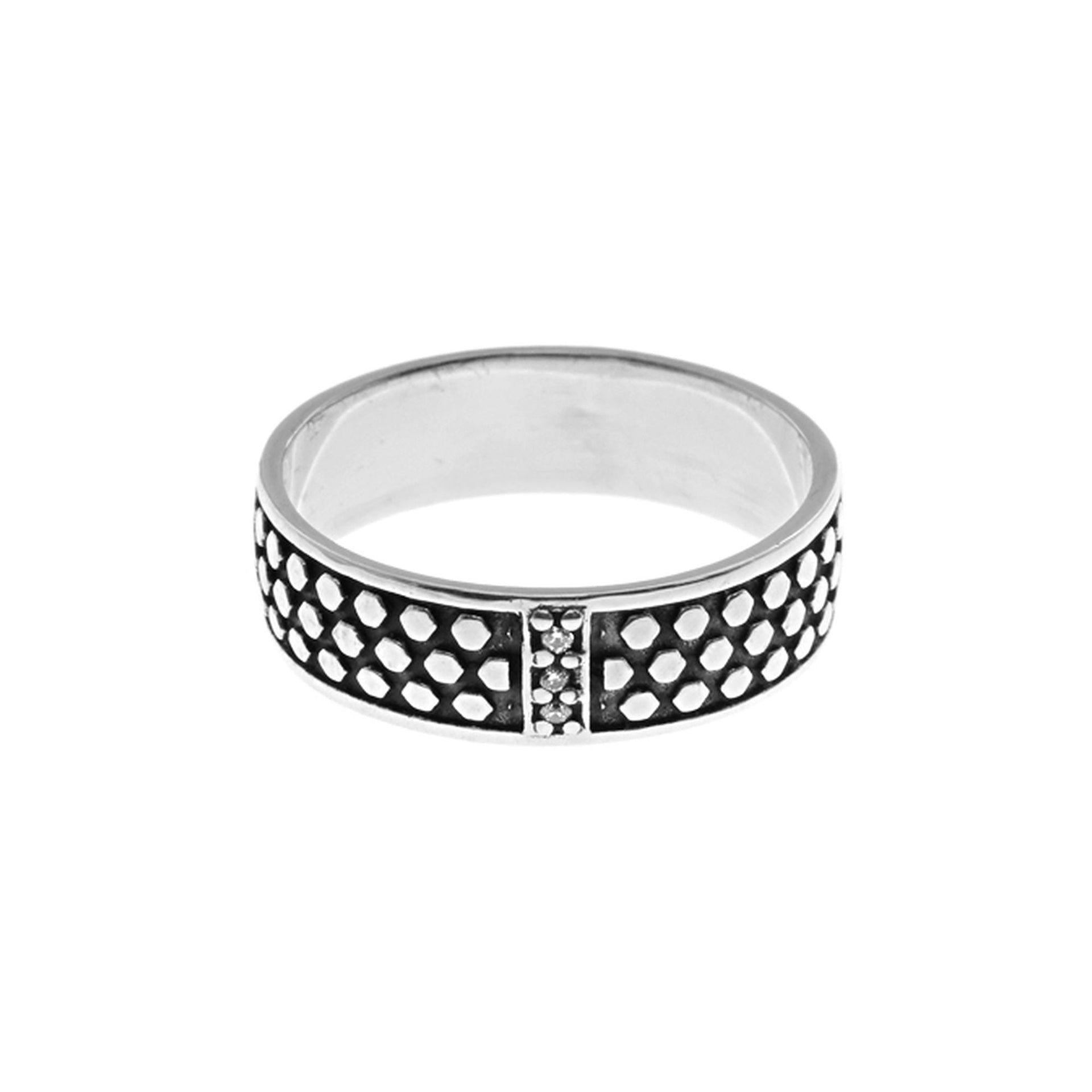 Harley oxidised silver band with hexagon pattern & CZ