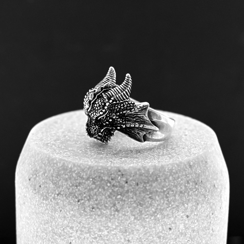 Harley oxidised silver horned dragon ring