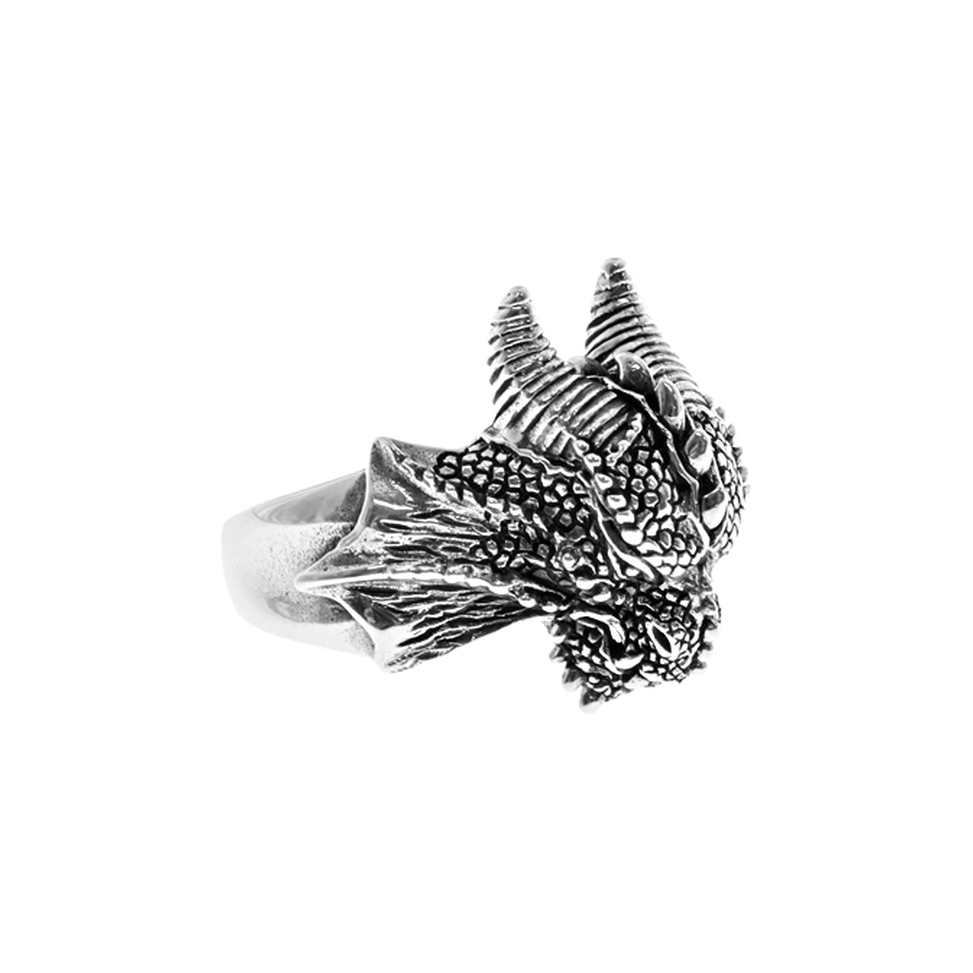 Harley oxidised silver horned dragon ring