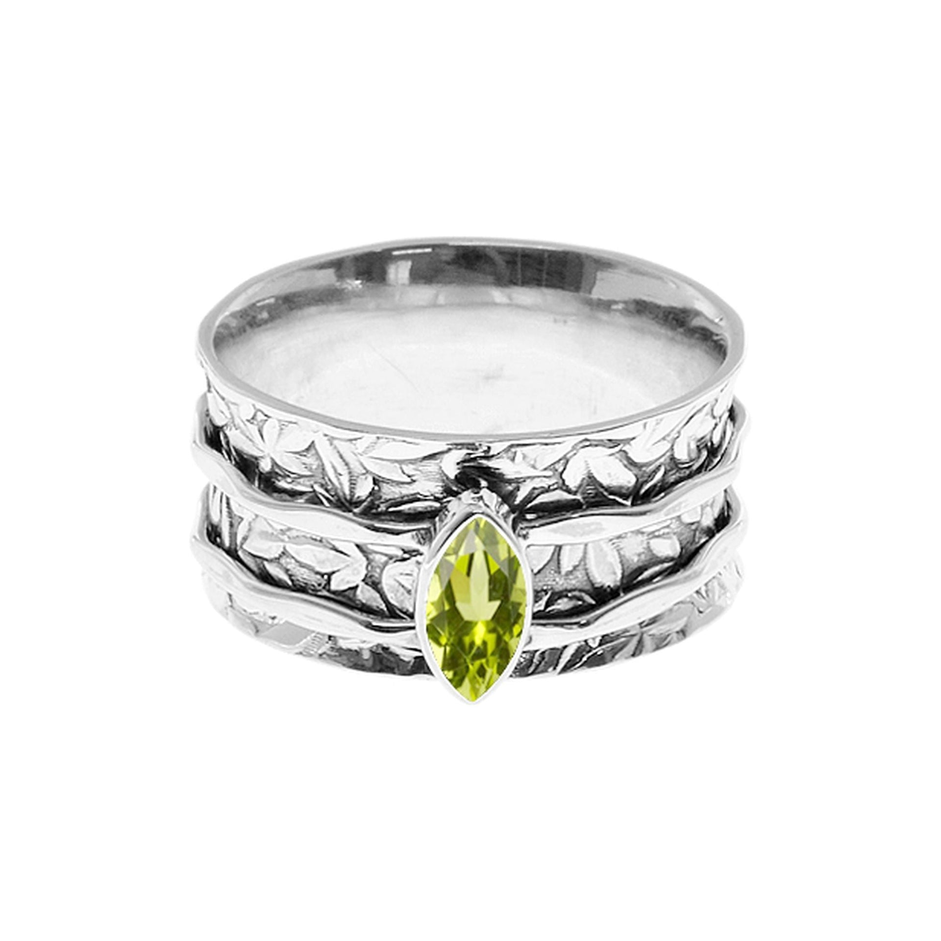 Catalina falling leaves spinner ring with peridot marquis